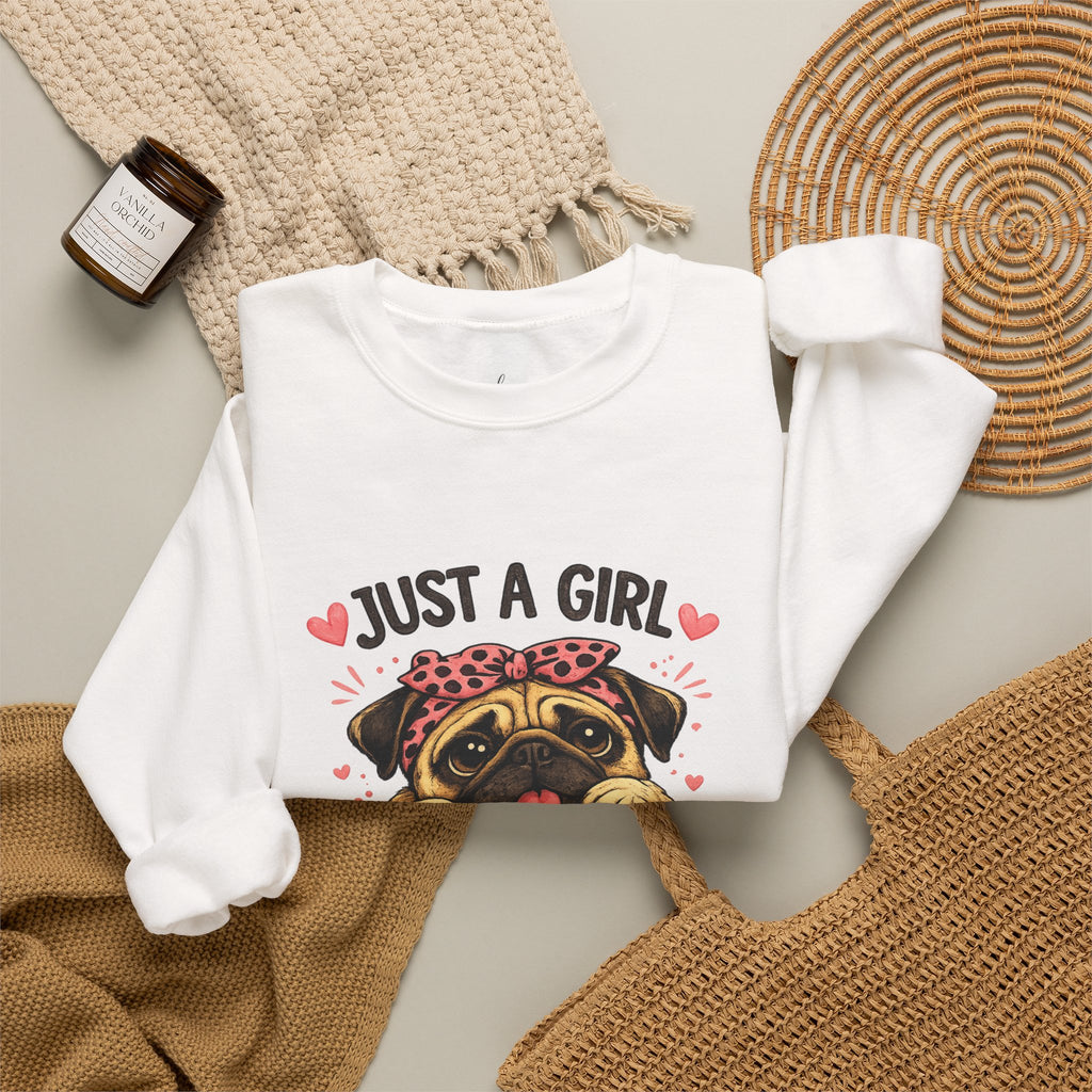 Pug Lover Sweatshirt — "Just a Girl Who Loves Pugs" Cute Pug Graphic Crewneck