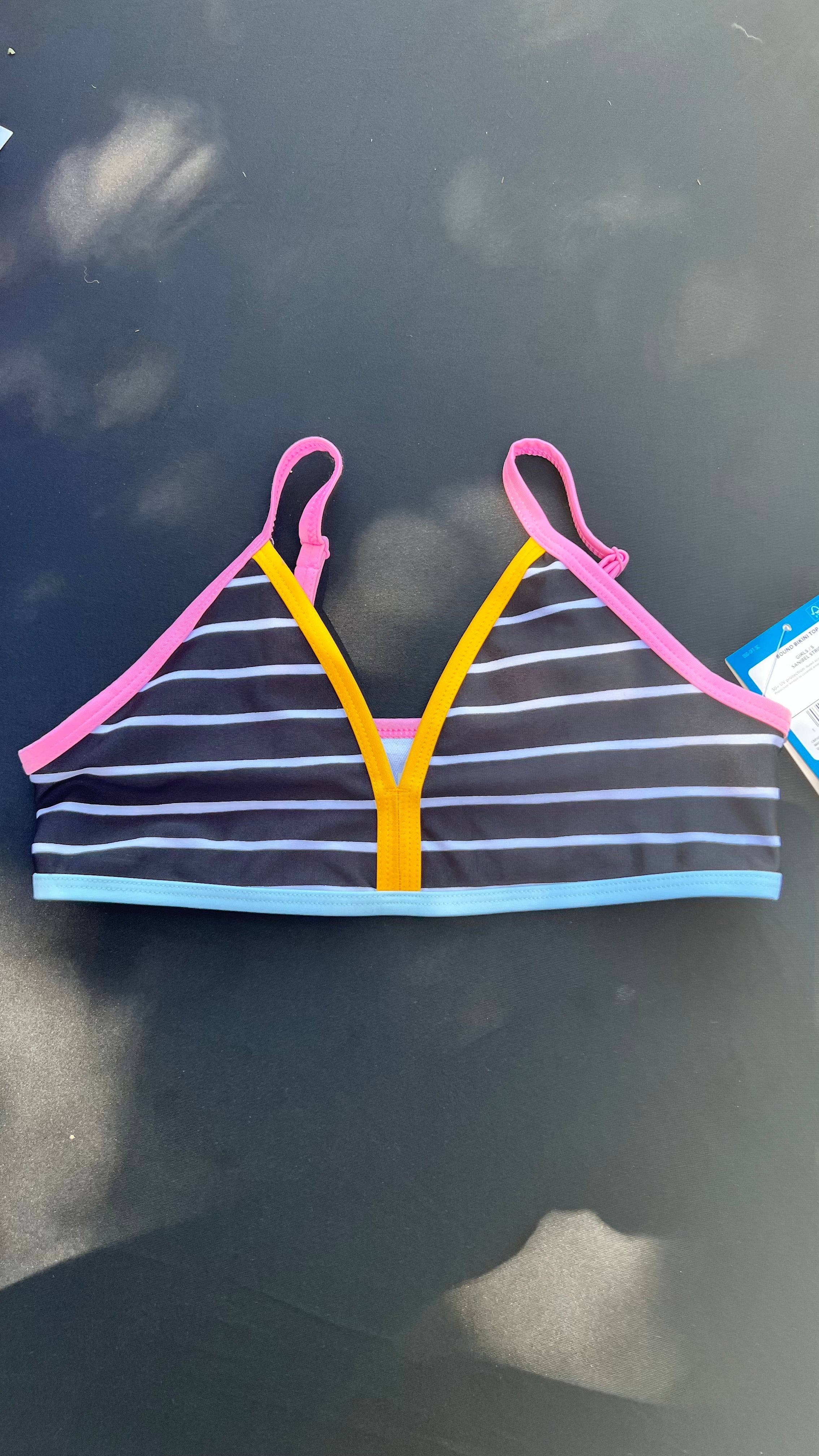 DSG Girls Black Striped Bikini Top with Pink, Yellow & Light Blue Trim