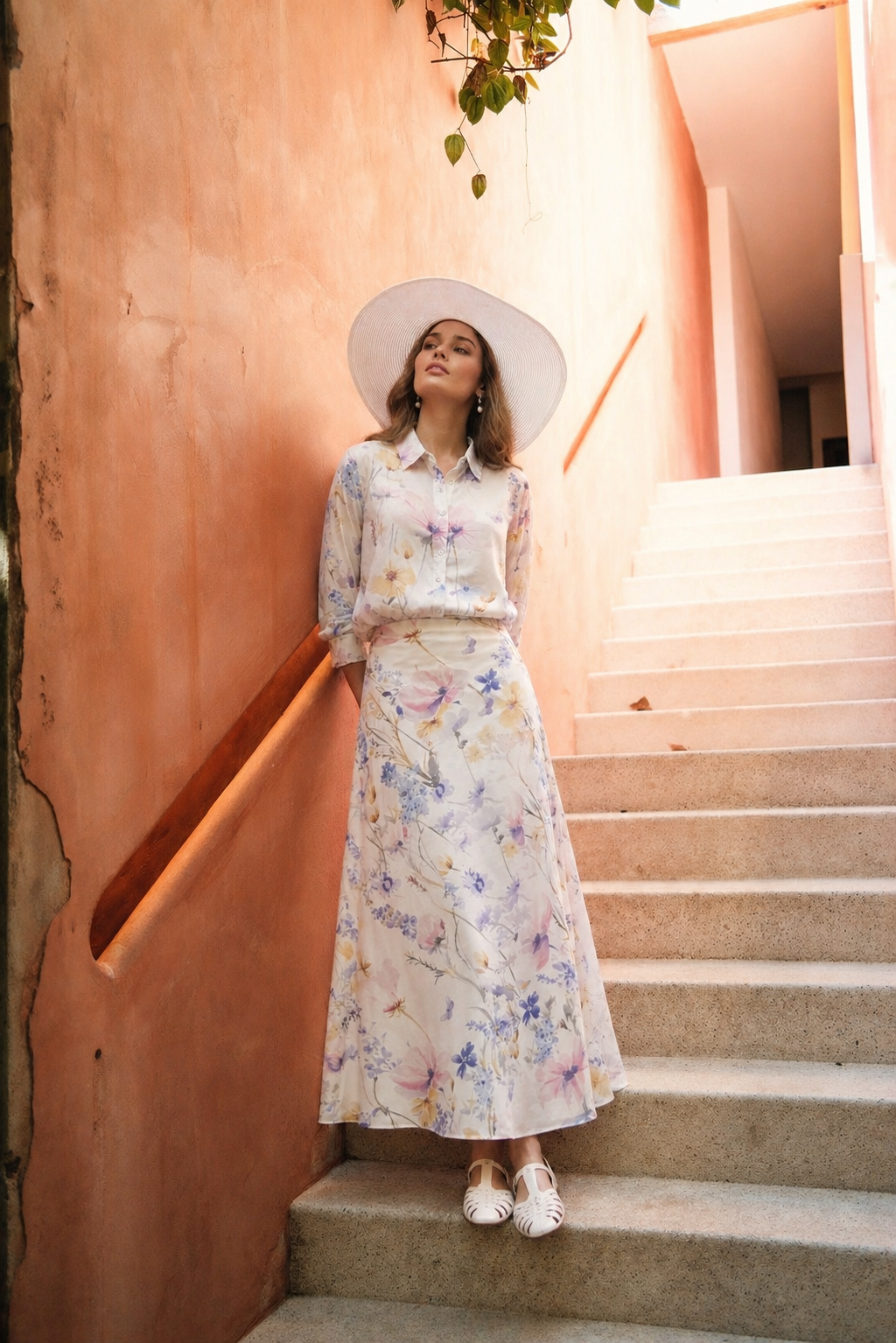 Printed Linen Blend Slip Skirt-Scattered Flowers