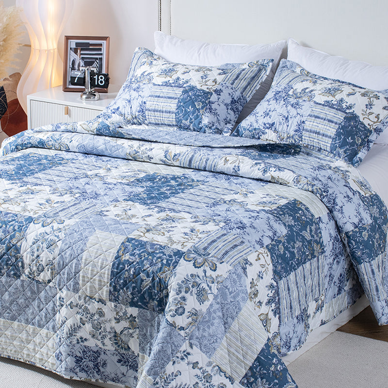 Kasentex Lightweight Floral Quilt Set - Soft All Season Bedspread Coverlet, Blue Vintage