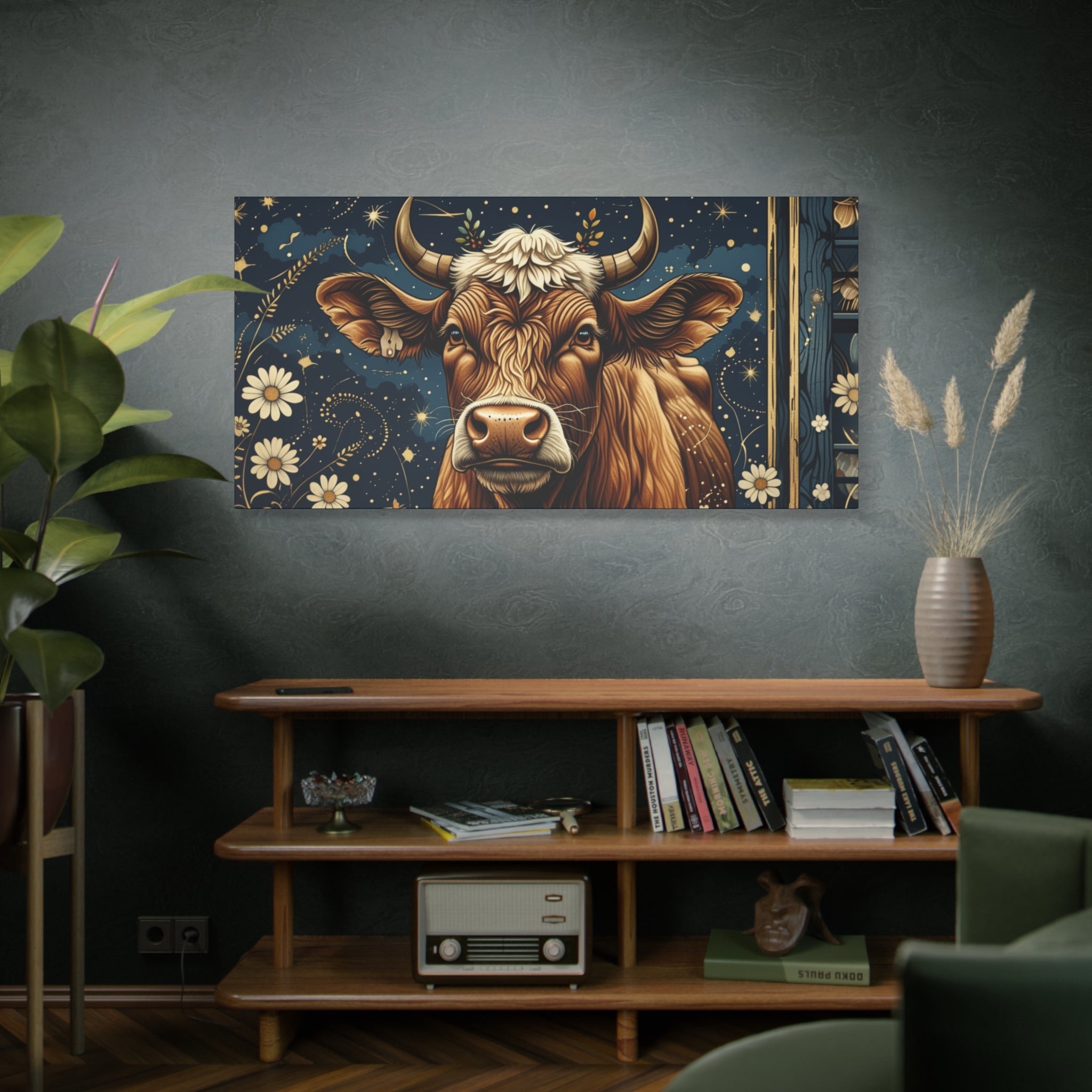 Highland Cow Celestial Abstract Portrait Wall Art | Living Room Art | Bathroom Art | Office Art