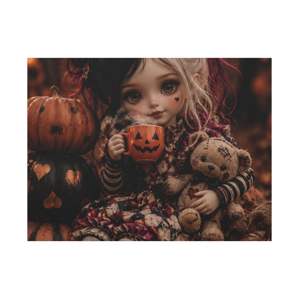 Cute Doll with Pumpkin Mug Halloween Canvas
