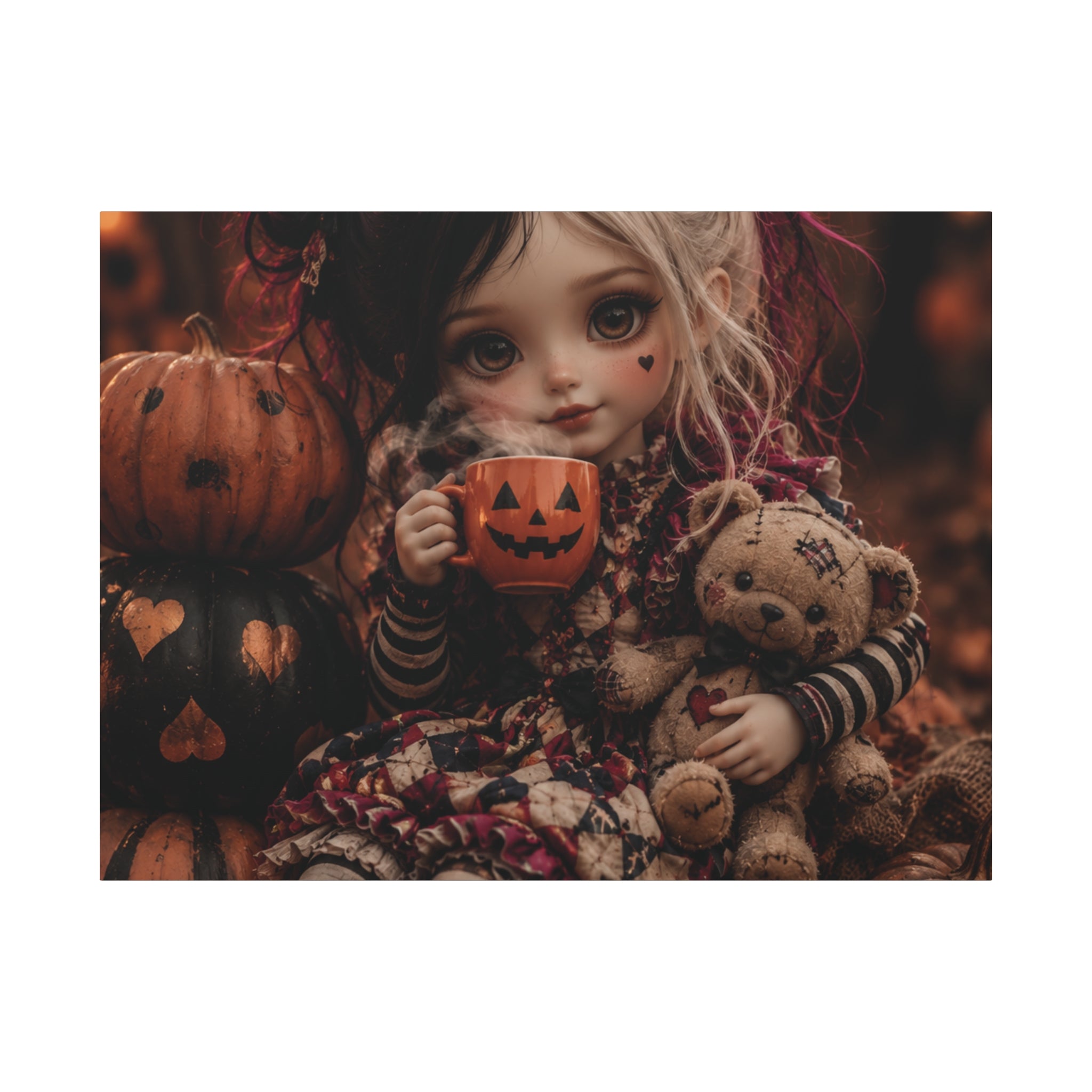Cute Doll with Pumpkin Mug Halloween Canvas