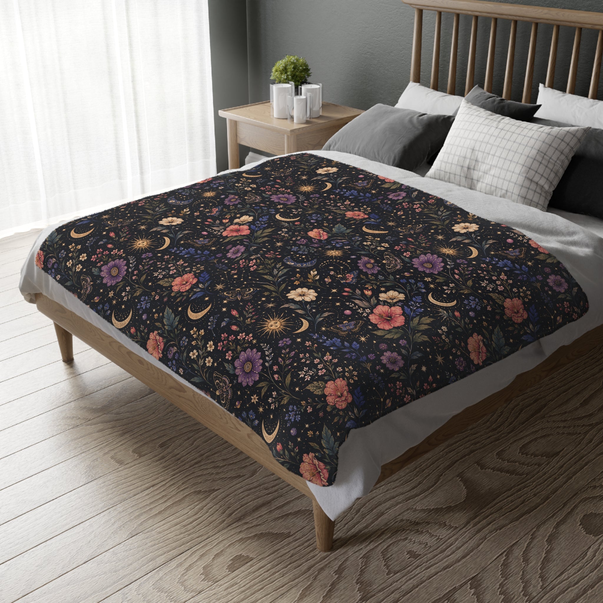 Celestial Double Sided Moon and Wildflowers Night Sky Throw