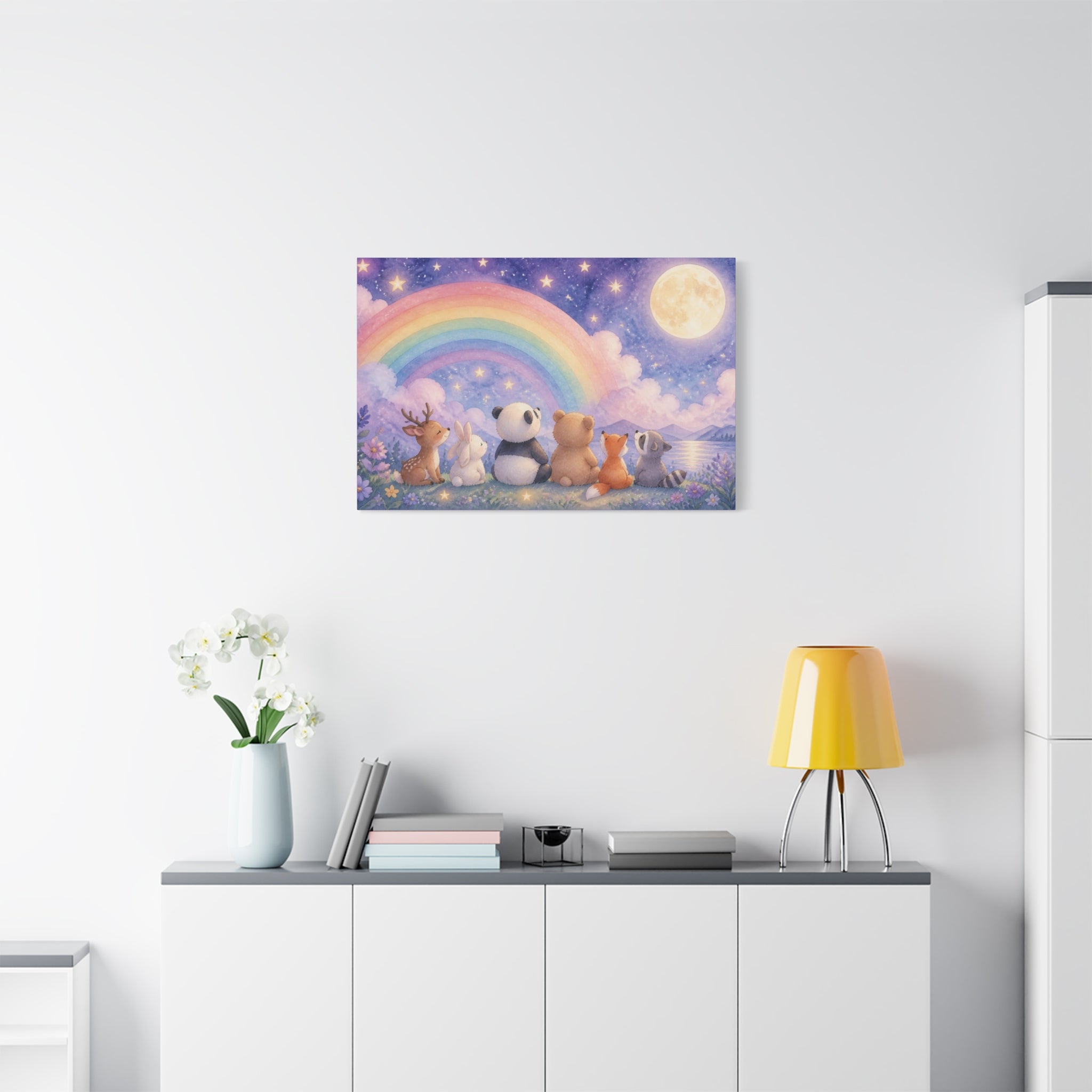 Woodland Friends Under Rainbow Canvas | Nursery Wall Art