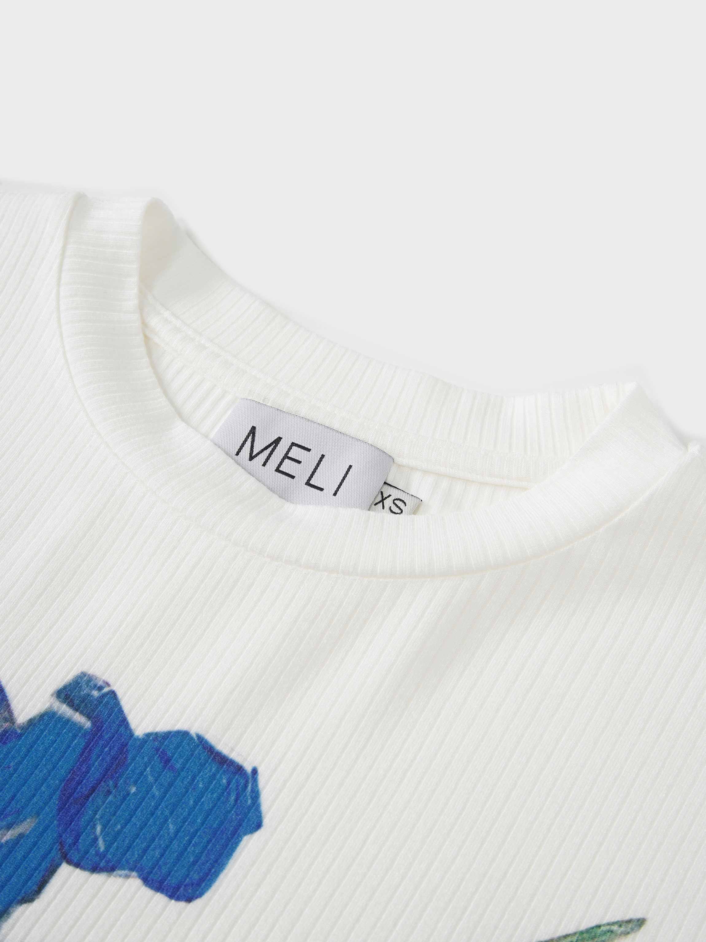 Printed Ribbed T-Shirts-Blue Floral