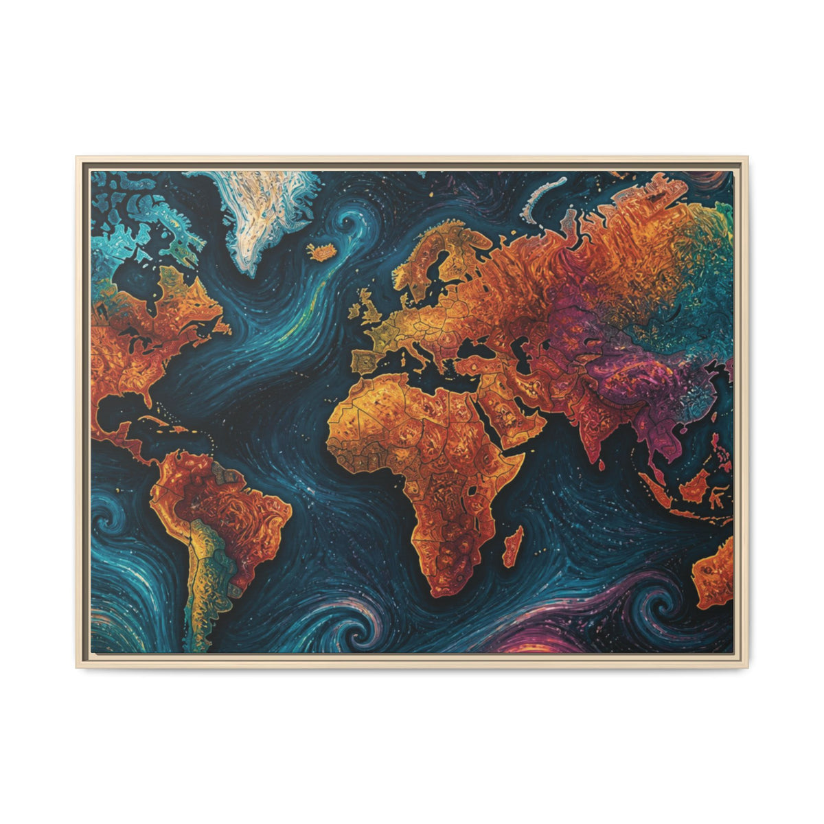 Abstract World Map Matte Canvas Framed | Colorful Earth Map Wall Art