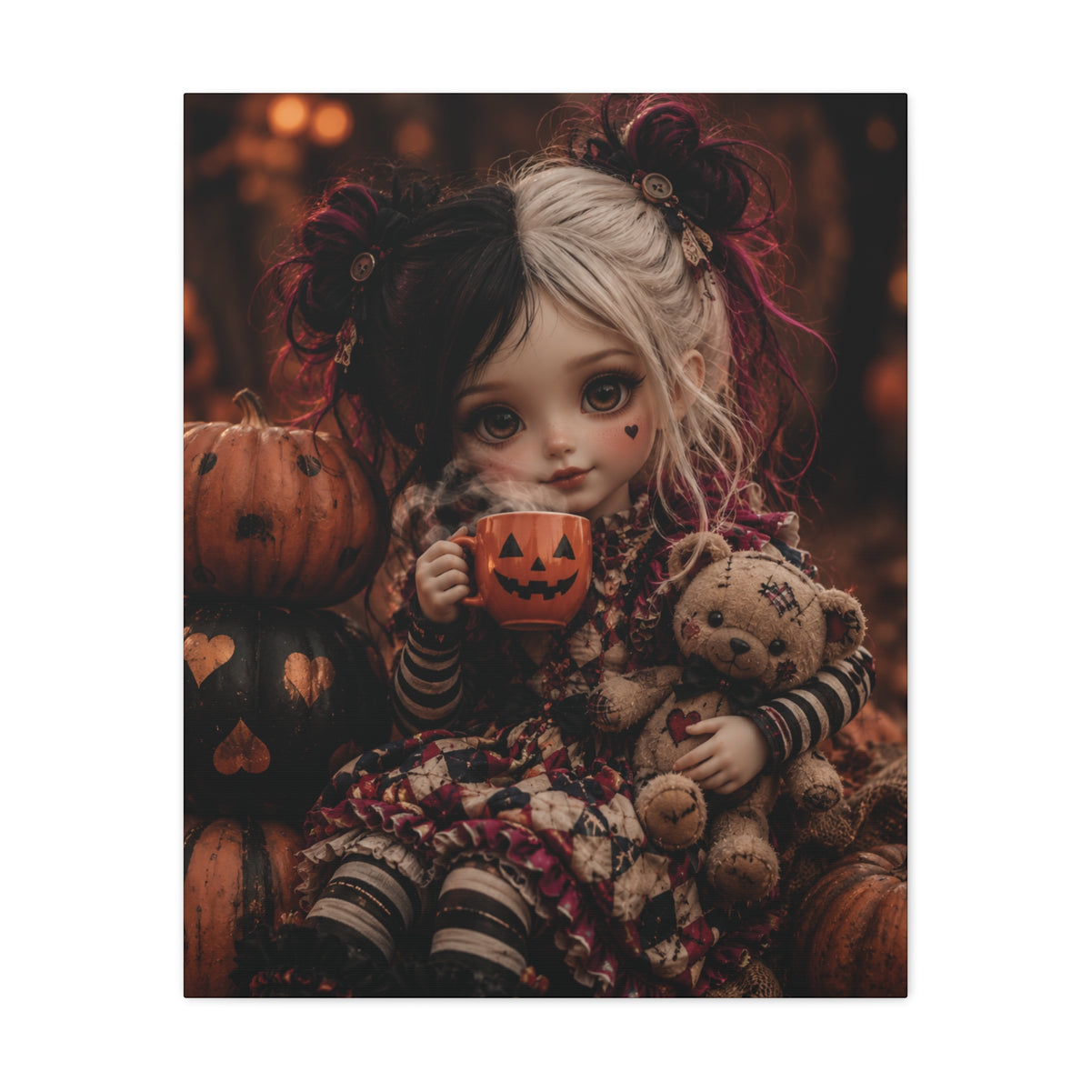 Cute Doll with Pumpkin Mug Halloween Canvas