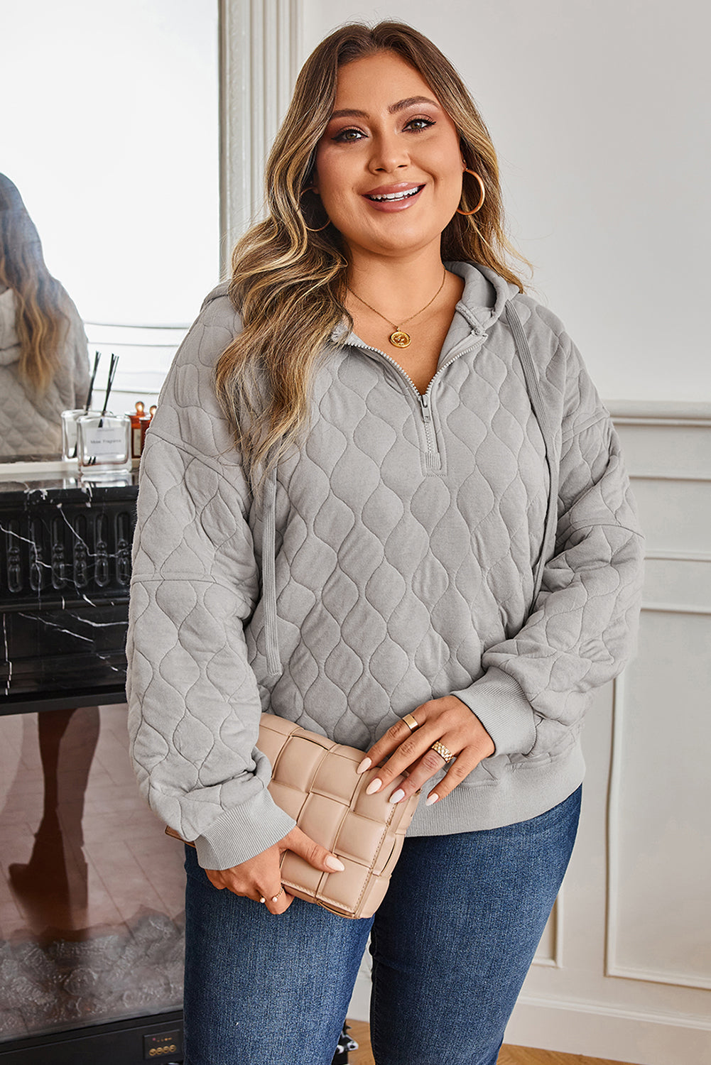 Gray Quilted Quarter Zip Plus Size Hoodie-0