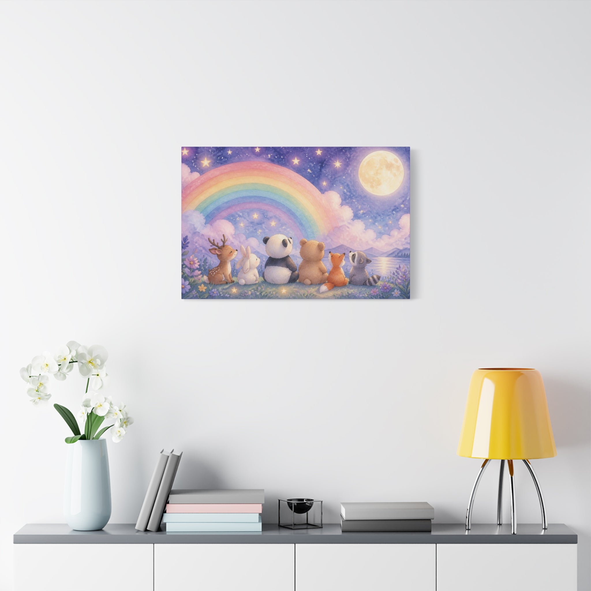 Woodland Friends Under Rainbow Canvas | Nursery Wall Art