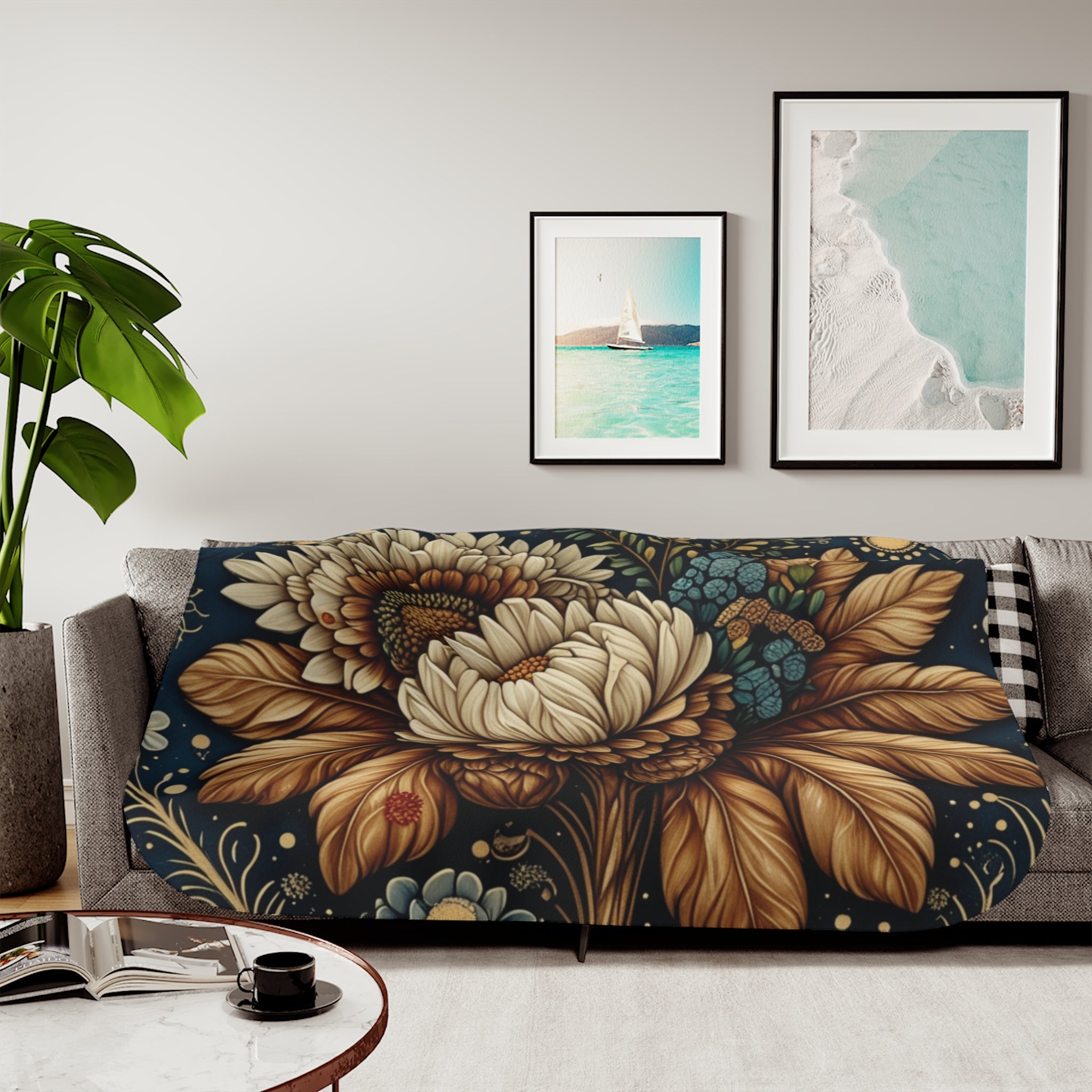 Vintage Sunflower Bouquet Sherpa Blanket | Floral Boho Throw