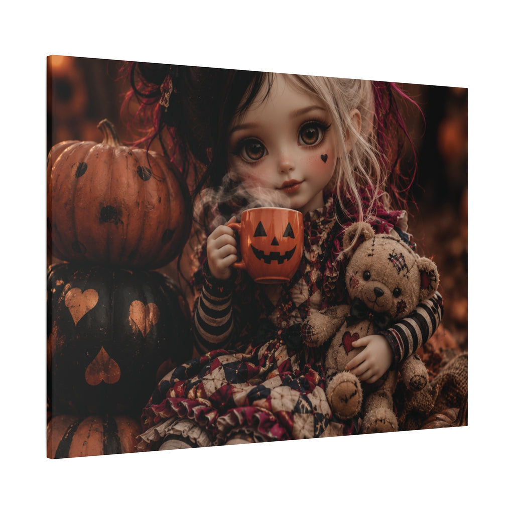 Cute Doll with Pumpkin Mug Halloween Canvas