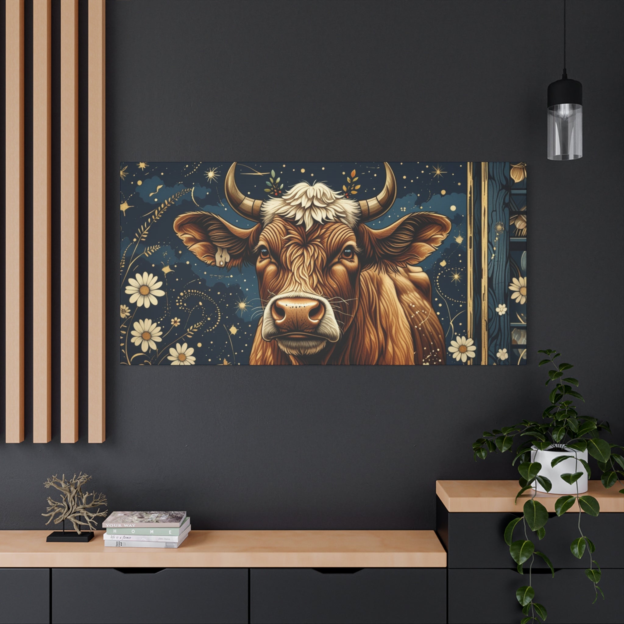 Highland Cow Celestial Abstract Portrait Wall Art | Living Room Art | Bathroom Art | Office Art
