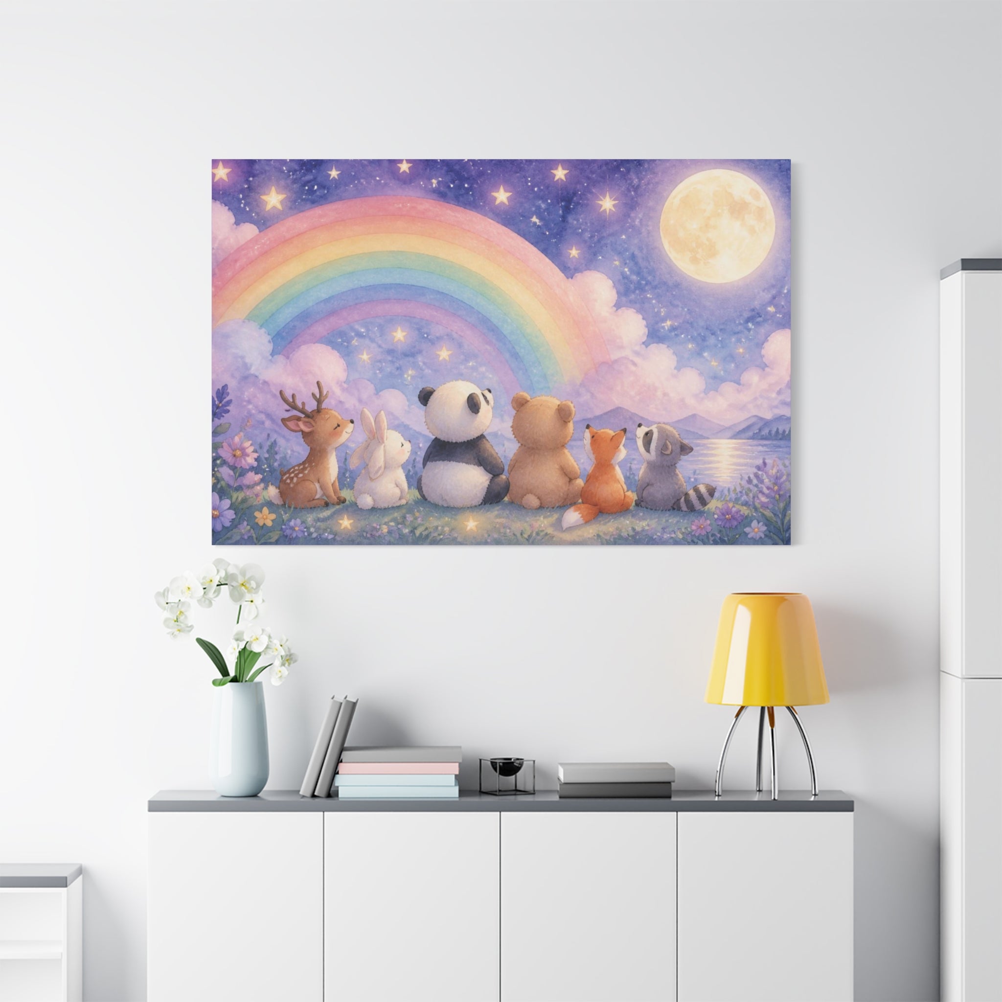 Woodland Friends Under Rainbow Canvas | Nursery Wall Art