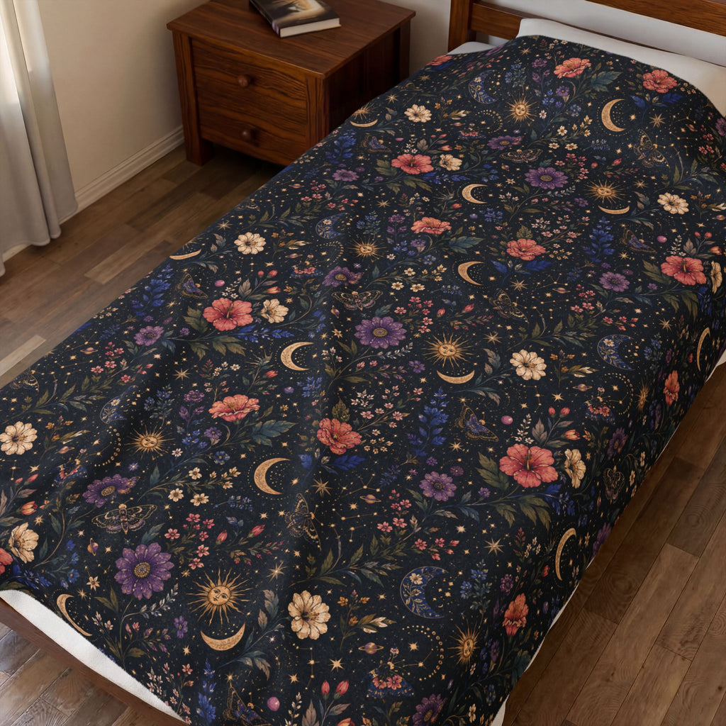 Celestial Floral Moon Velveteen Plush Blanket