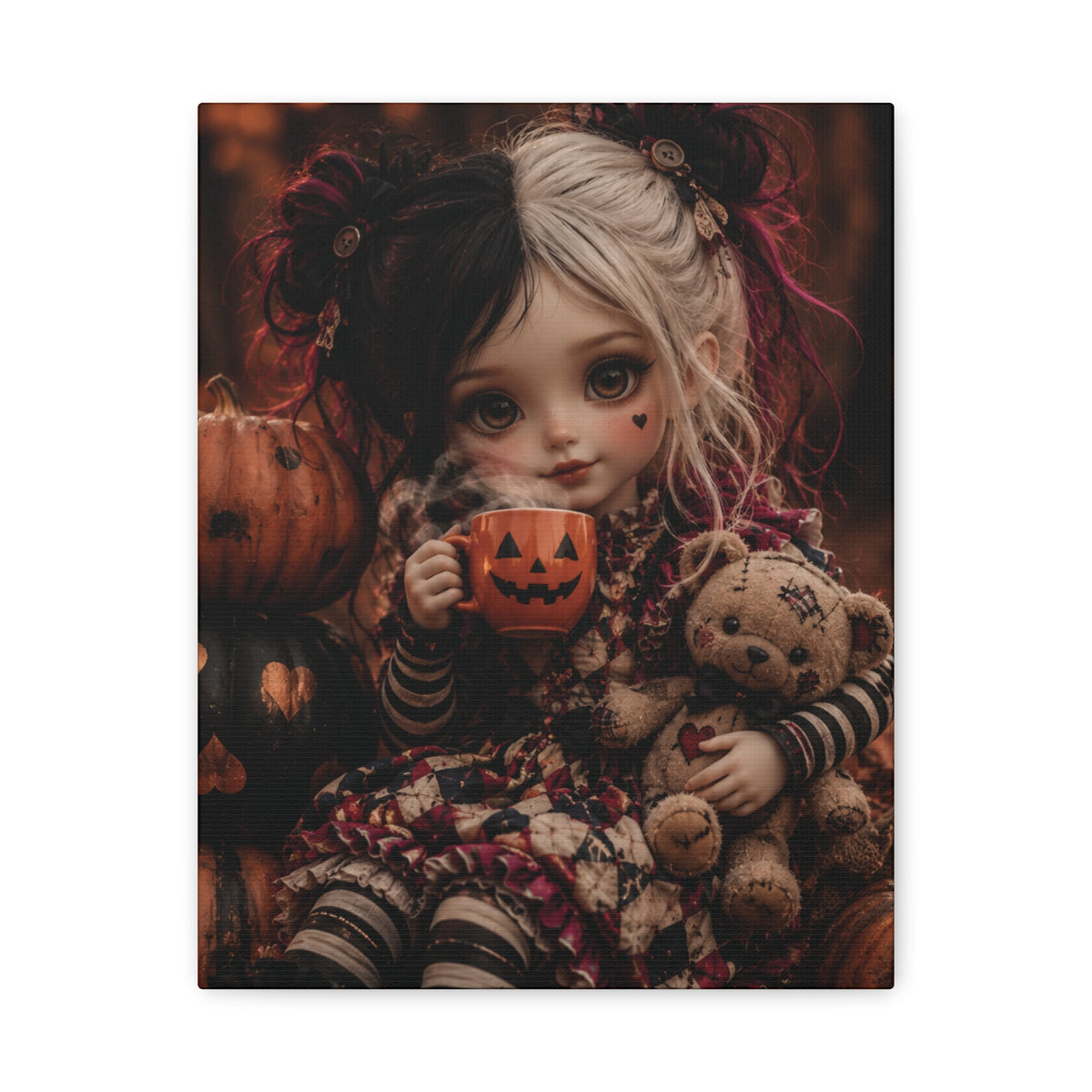 Cute Doll with Pumpkin Mug Halloween Canvas