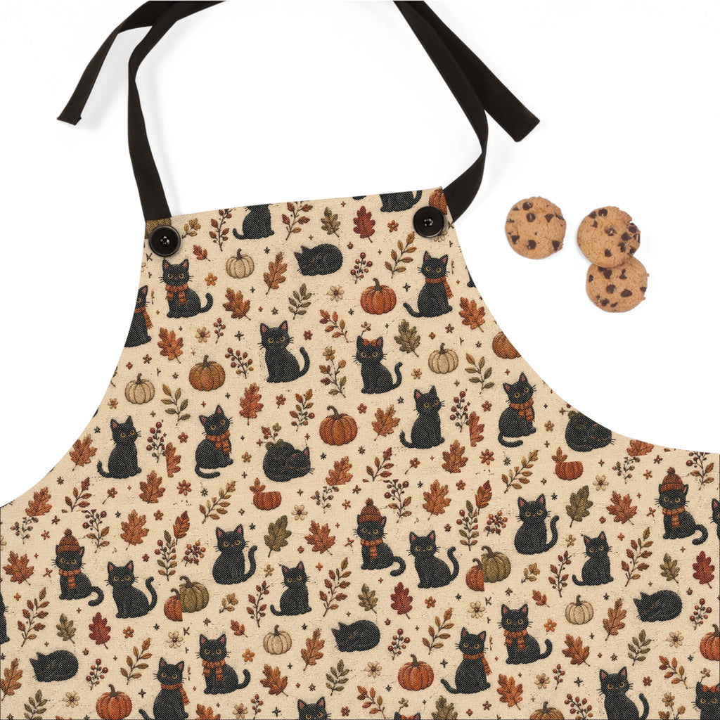 Autumn Cats Kitchen Apron — Cute Black Cat & Pumpkin Pattern