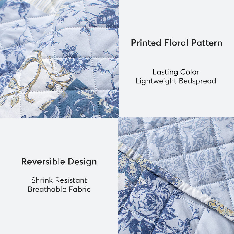Kasentex Lightweight Floral Quilt Set - Soft All Season Bedspread Coverlet, Blue Vintage