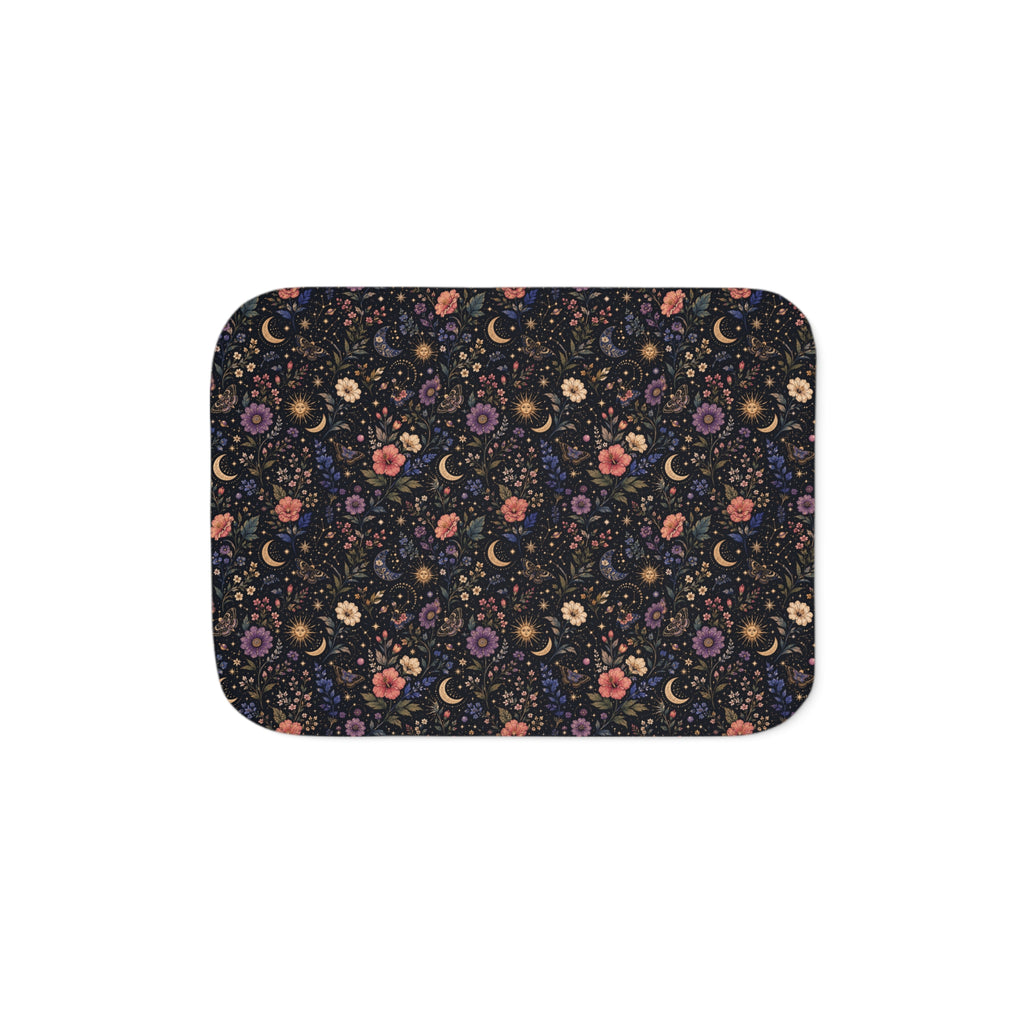 Celestial Floral Pattern Sherpa Blanket | Moon and Flowers | Grey White Tan