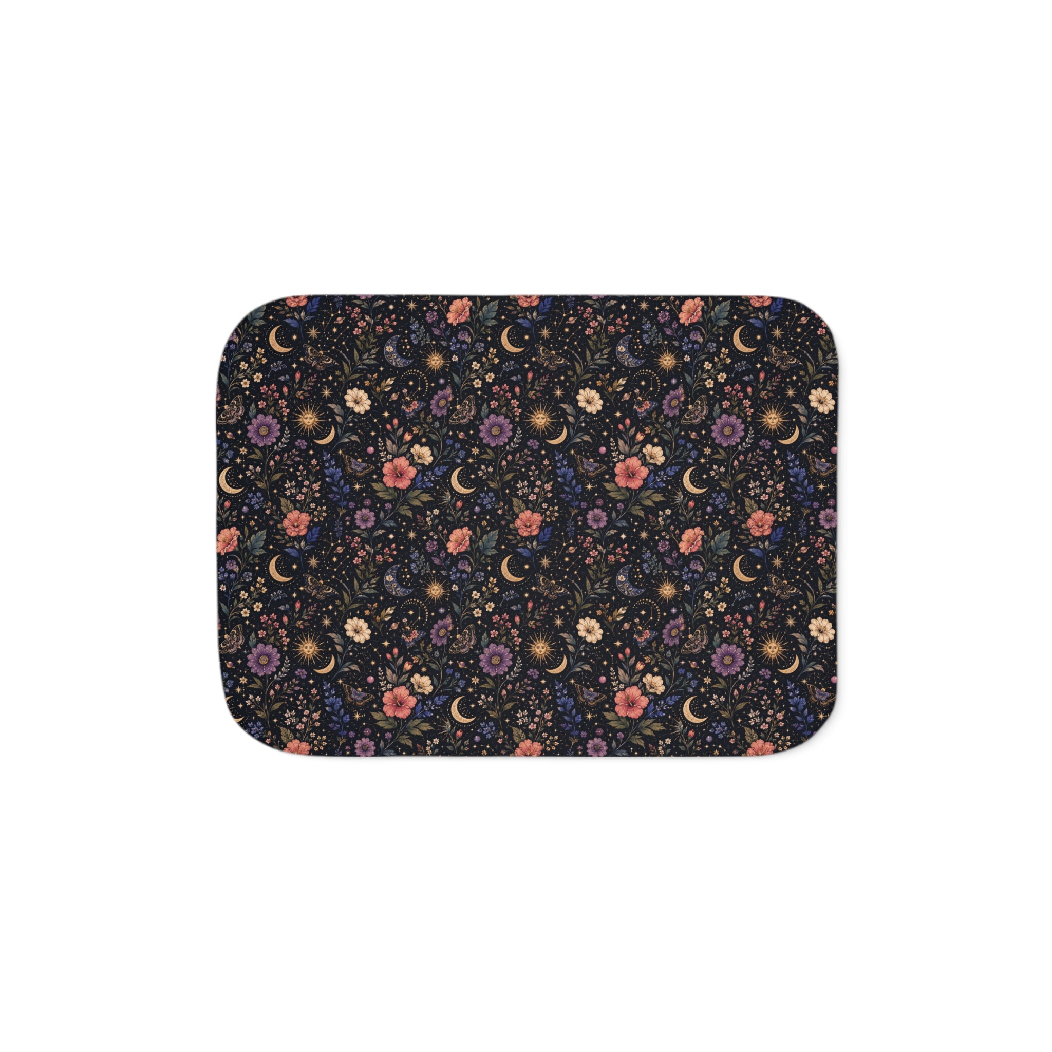 Celestial Floral Pattern Sherpa Blanket | Moon and Flowers | Grey White Tan