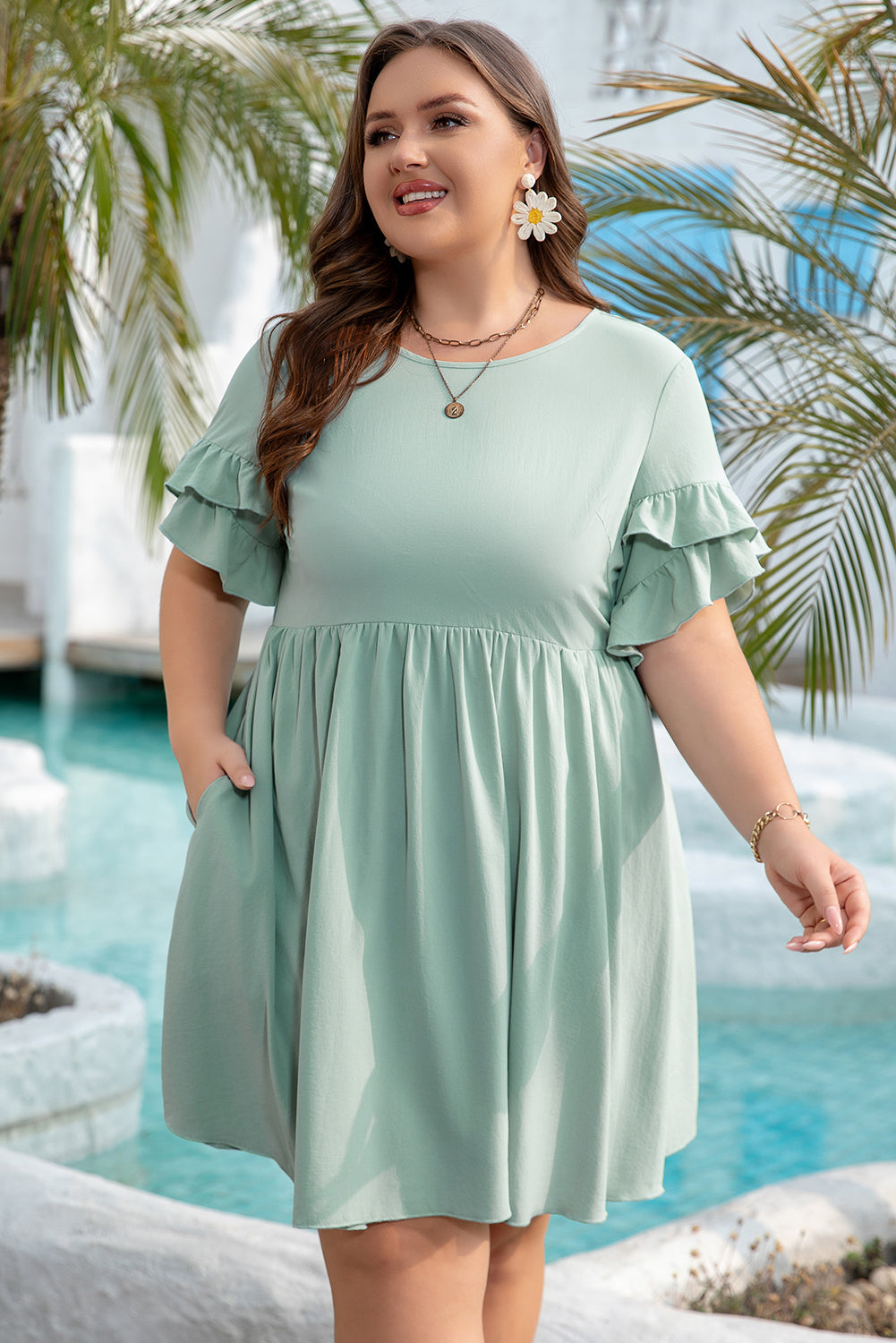 Gracie Plus Size Ruffle Trim Short Sleeve Dress-0