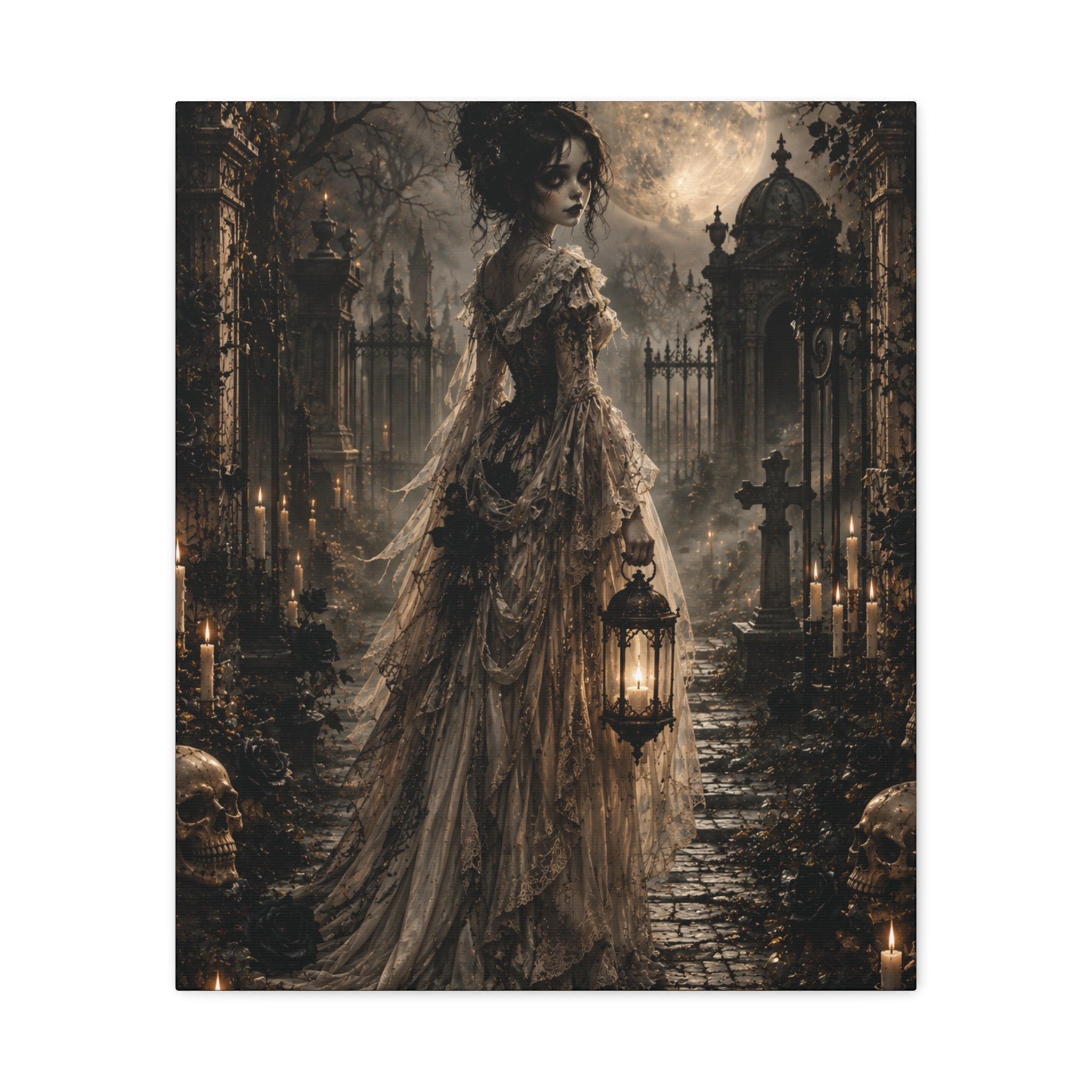 Victorian Ghost Bride Matte Canvas | Haunted Cemetery Lantern