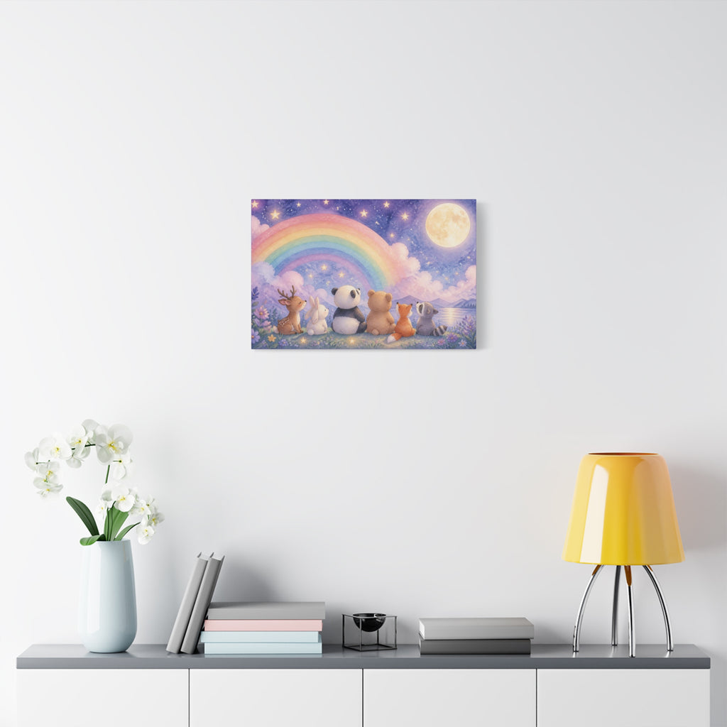 Woodland Friends Under Rainbow Canvas | Nursery Wall Art
