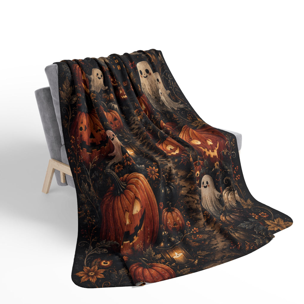 Jack-o'-Lantern Pumpkin Patch Fleece Blanket | Cute Ghosts Halloween Throw