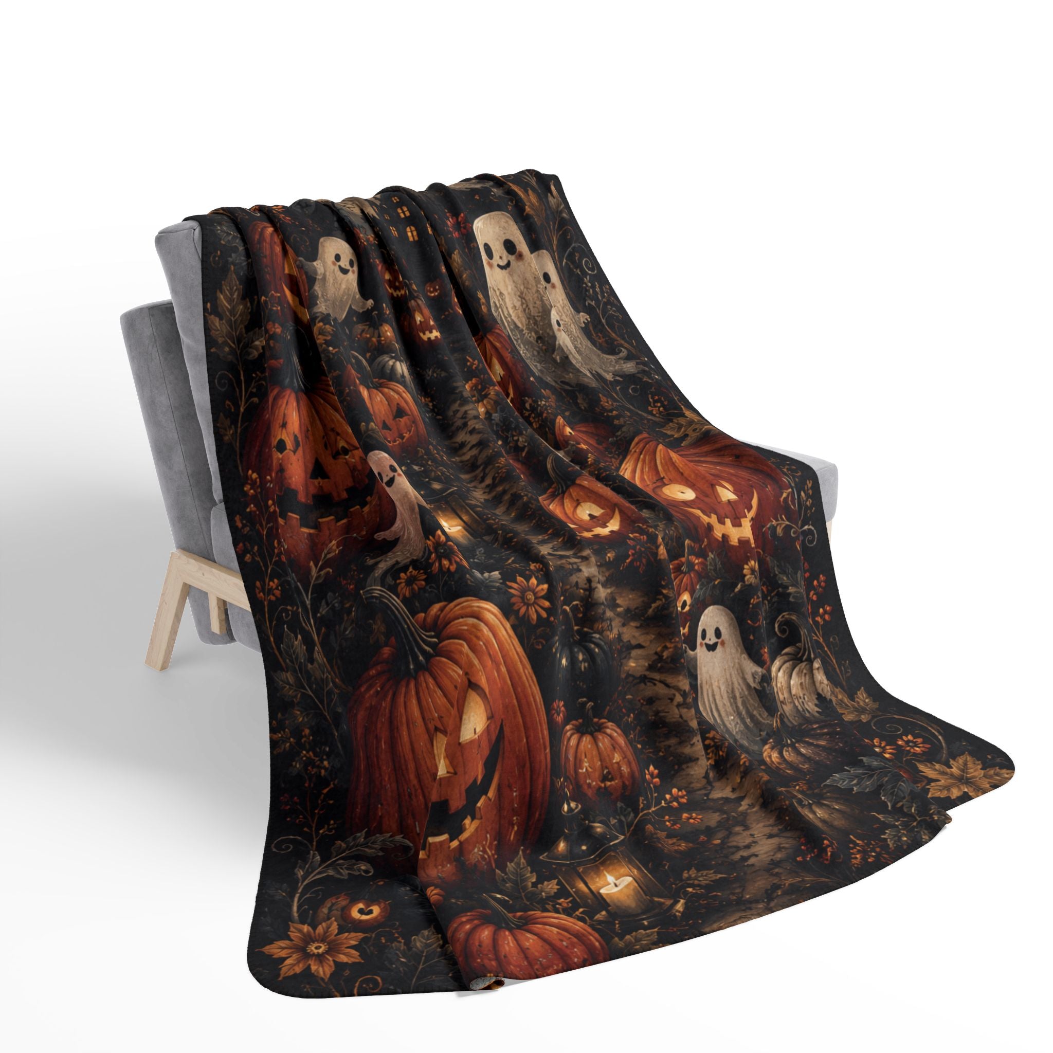 Jack-o'-Lantern Pumpkin Patch Fleece Blanket | Cute Ghosts Halloween Throw