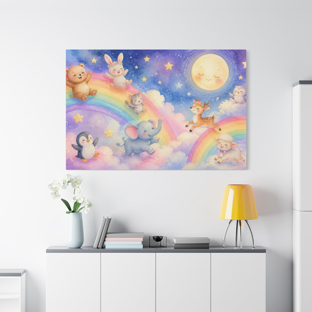 Sleepy Moon and Rainbow Animals Matte Canvas