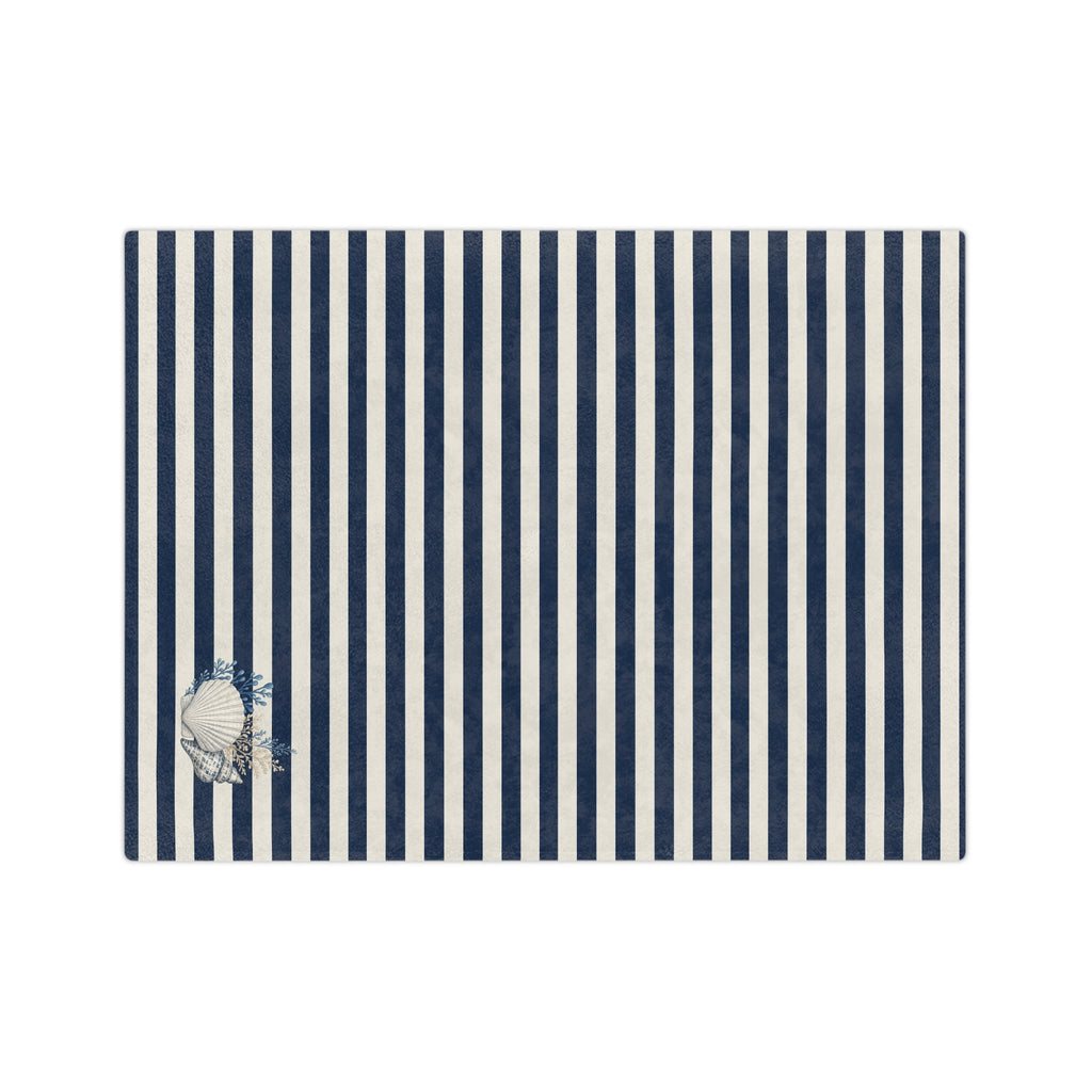 Nautical Striped Velveteen Microfiber Blanket — Coastal Shell Accent