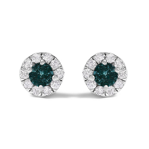 .925 Sterling Silver 1/3 Cttw White and Blue Diamond Halo Stud Earring