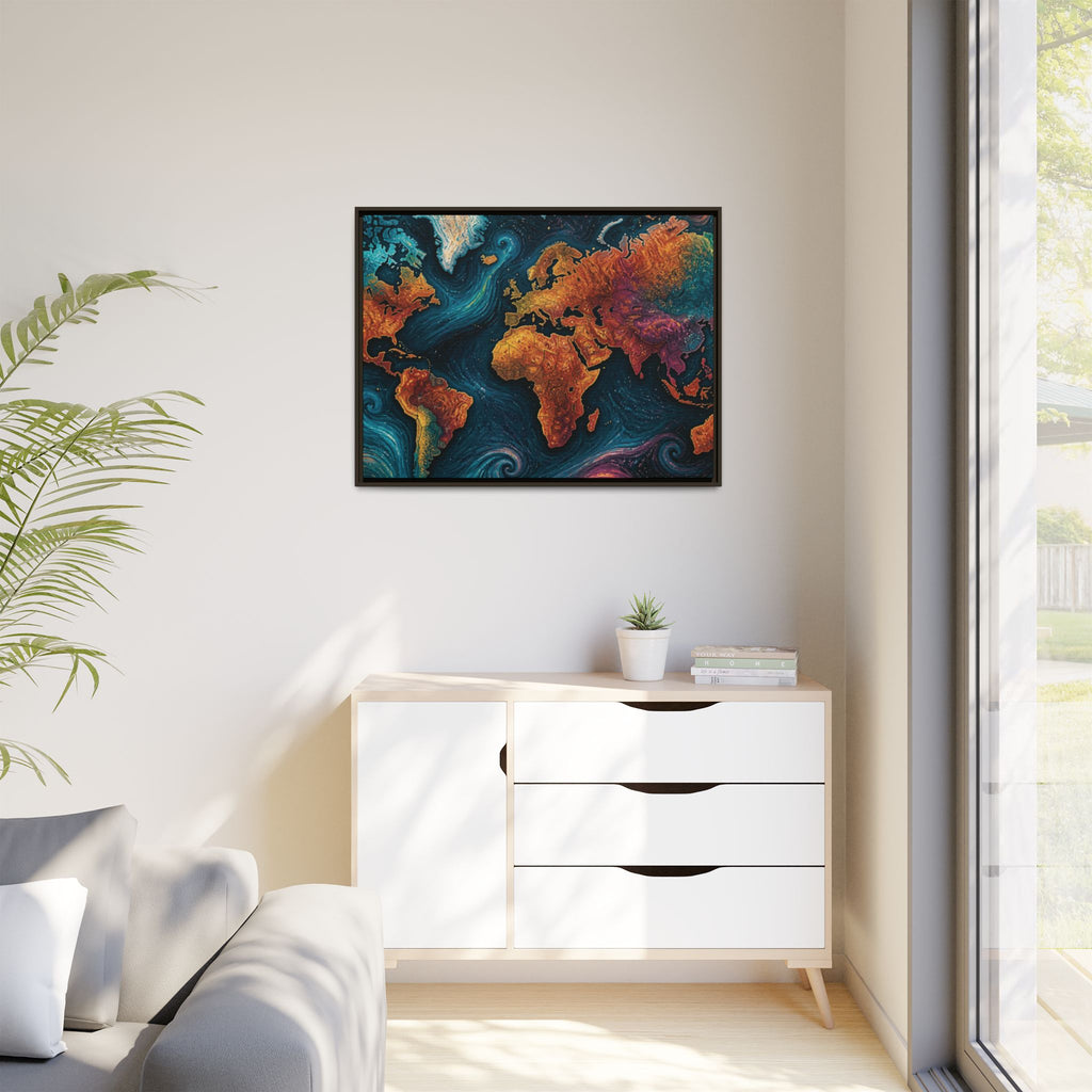 Abstract World Map Matte Canvas Framed | Colorful Earth Map Wall Art