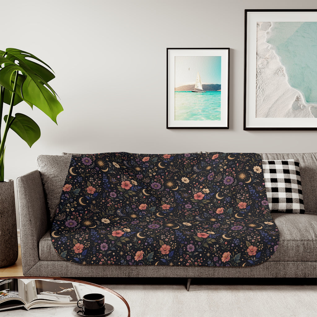 Celestial Floral Pattern Sherpa Blanket | Moon and Flowers | Grey White Tan