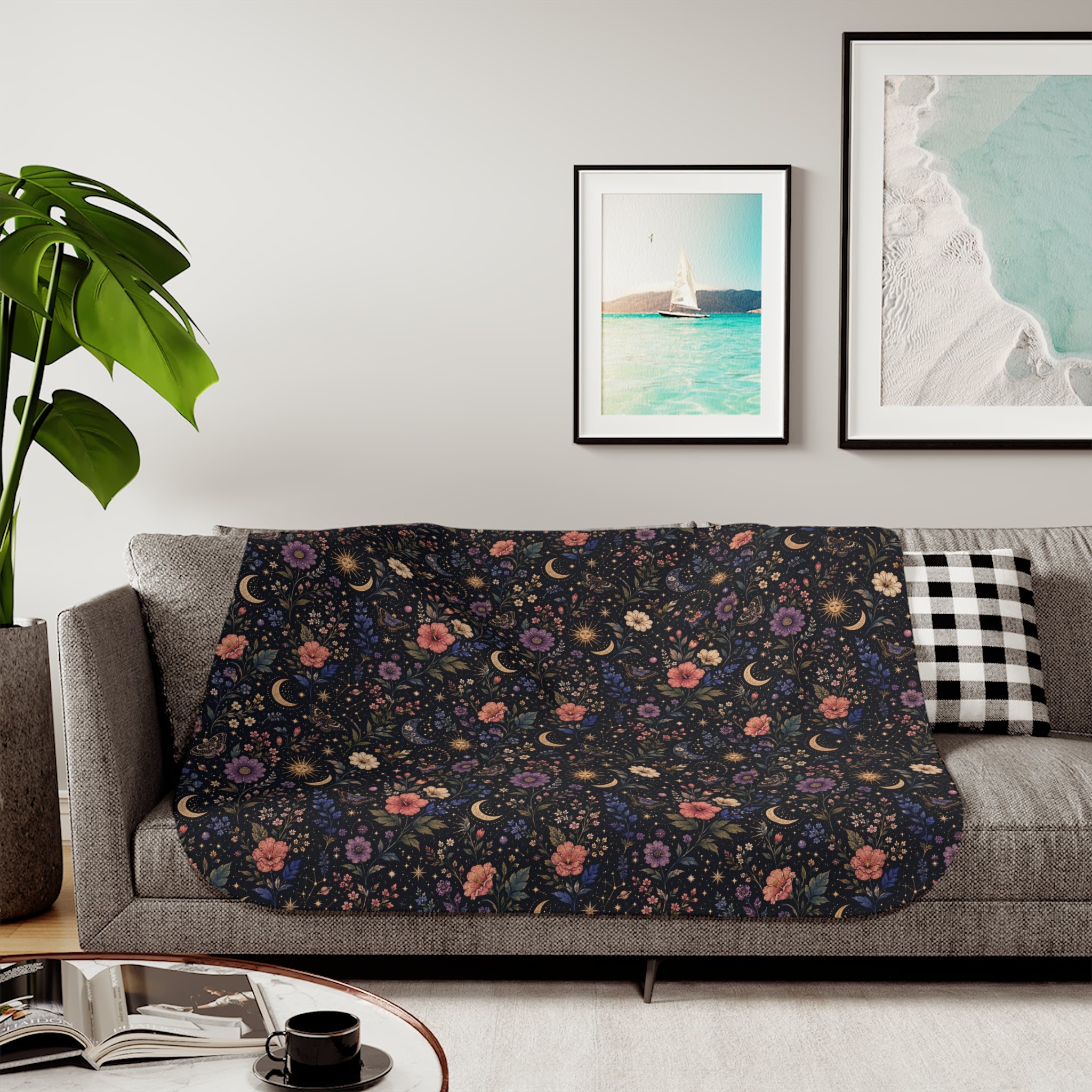Celestial Floral Pattern Sherpa Blanket | Moon and Flowers | Grey White Tan