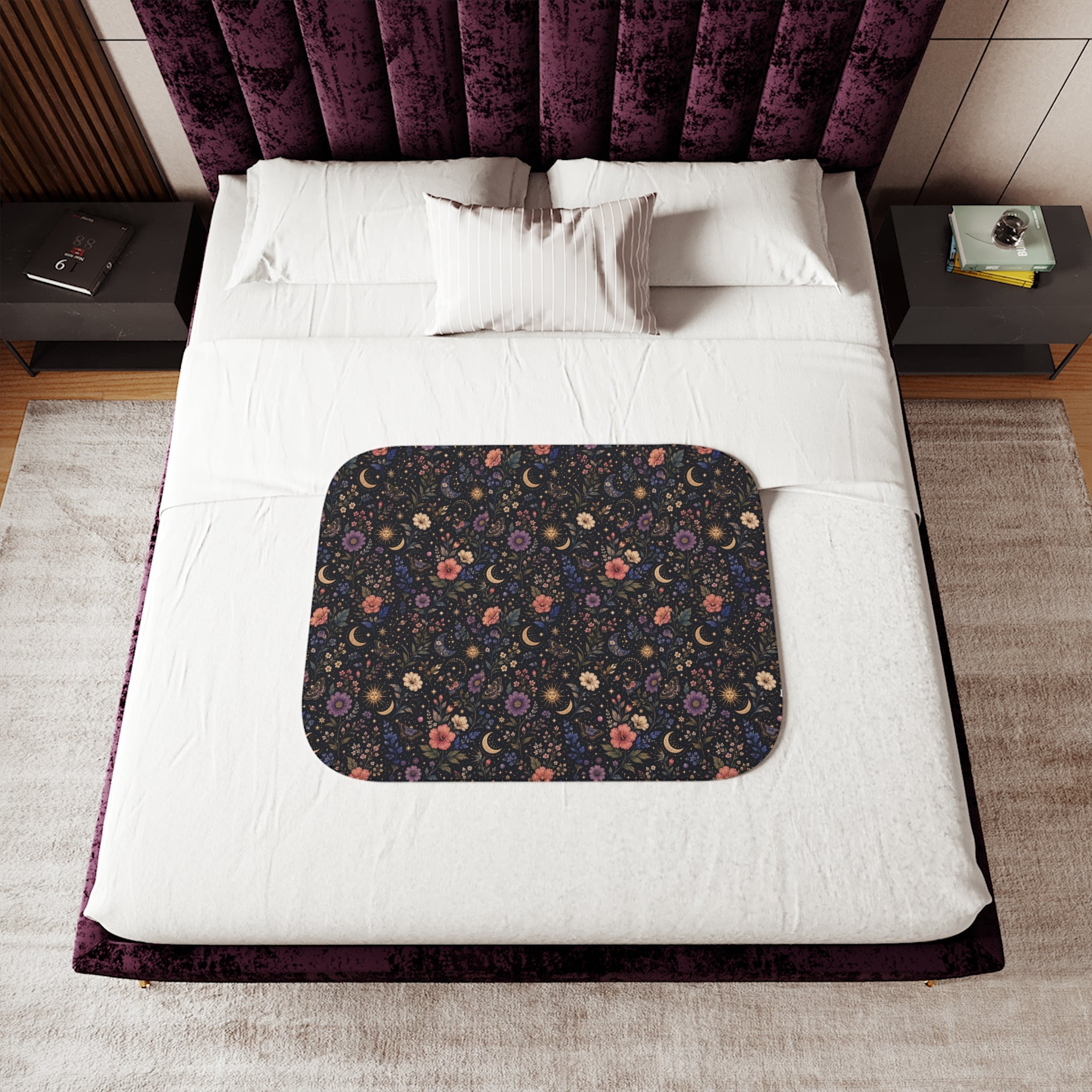 Celestial Floral Pattern Sherpa Blanket | Moon and Flowers | Grey White Tan