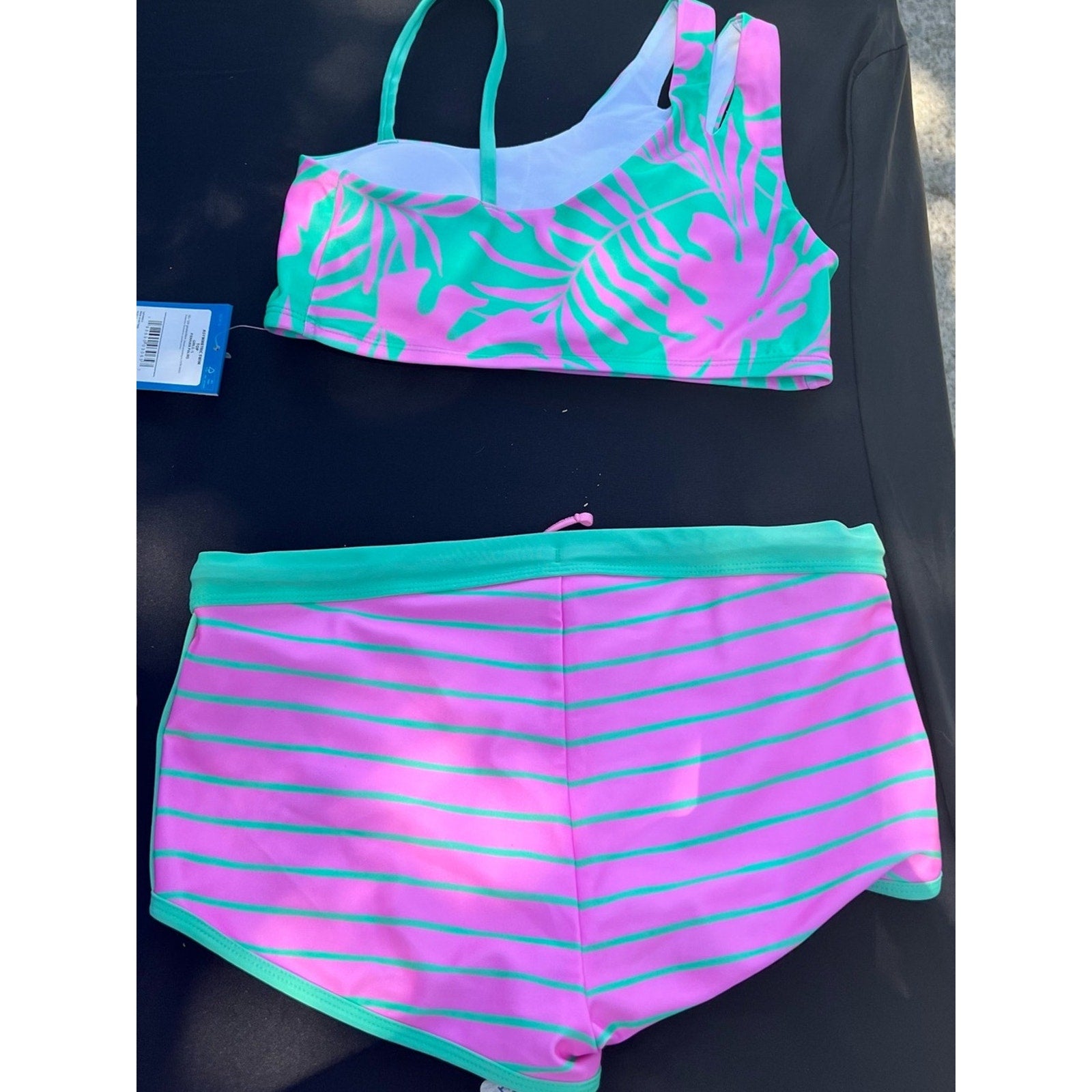 3 piece DSG Pink & Teal One-Shoulder Kids Bikini Set