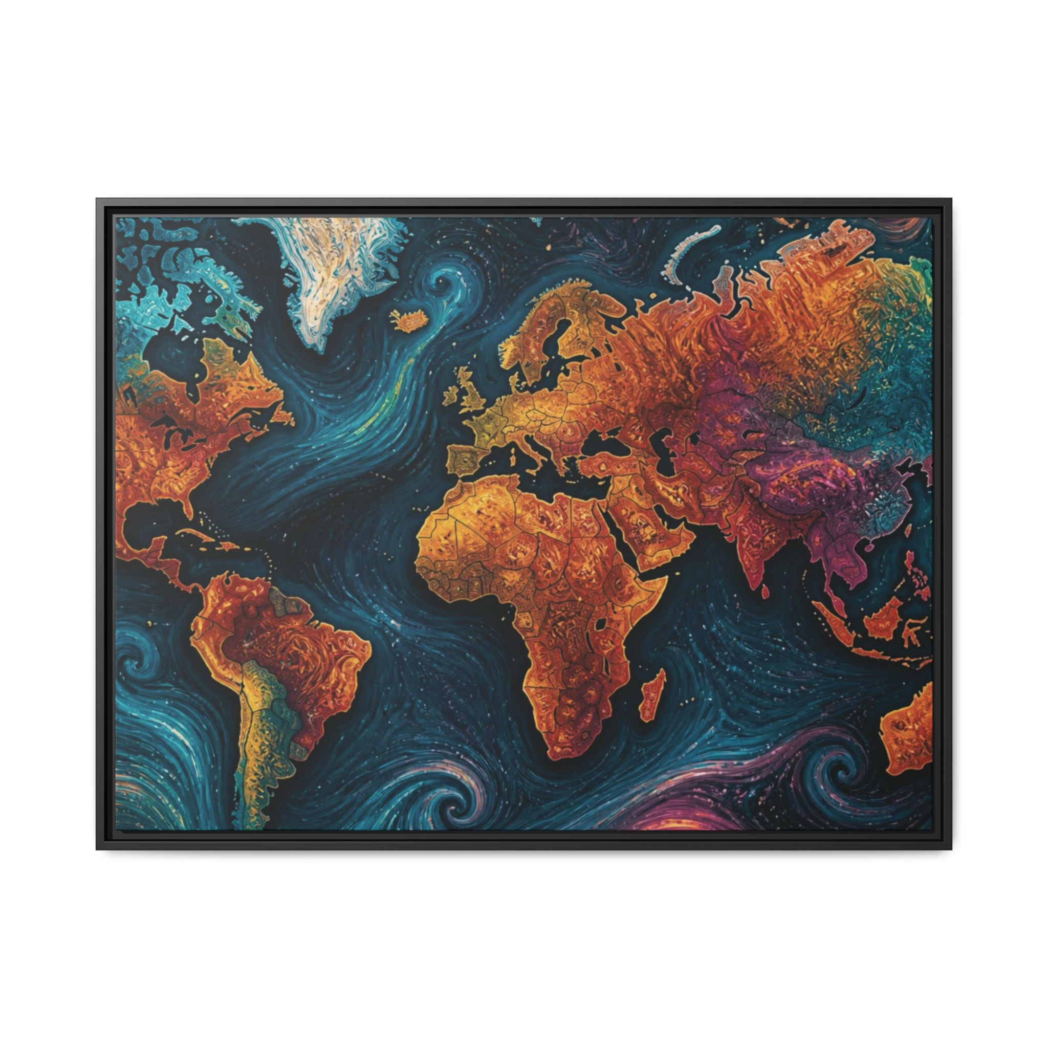 Abstract World Map Matte Canvas Framed | Colorful Earth Map Wall Art