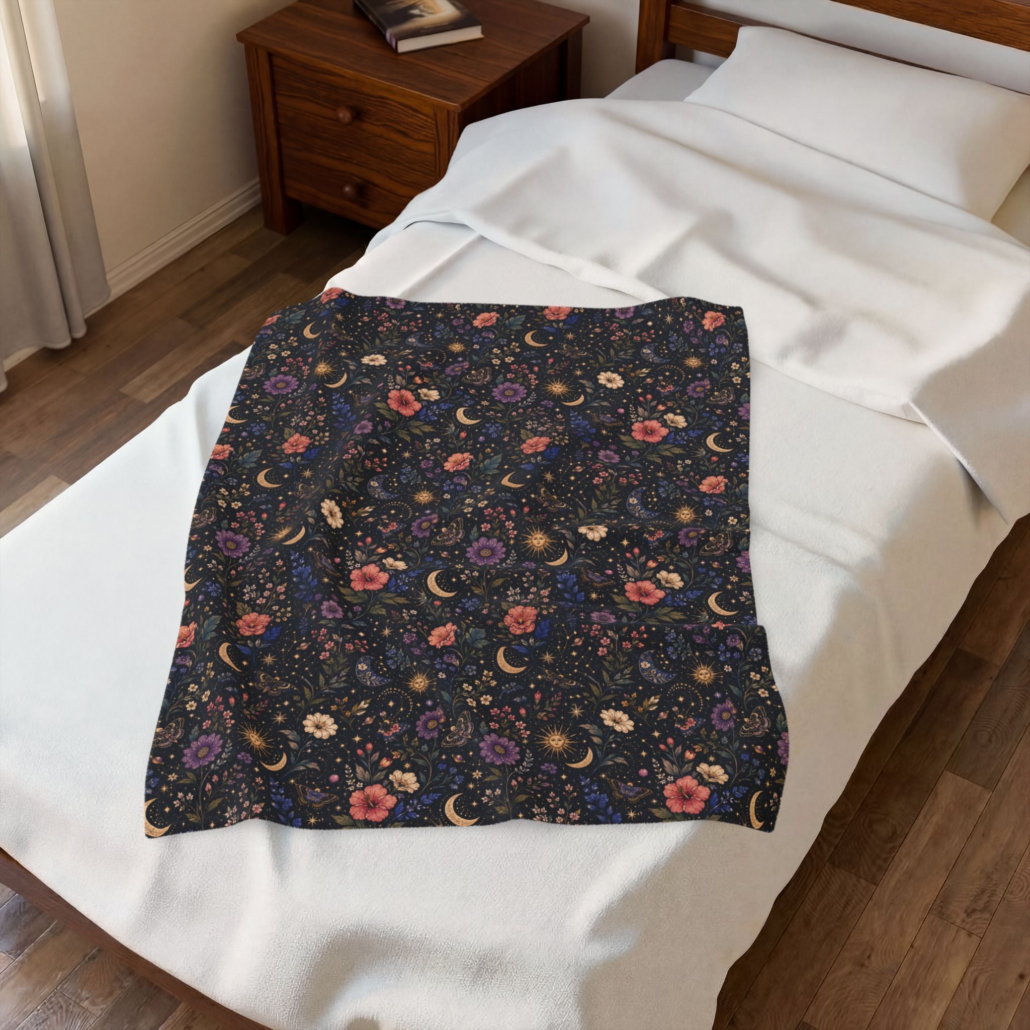 Celestial Floral Moon Velveteen Plush Blanket