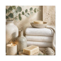 Spa Bathroom Canvas Wall Art – Neutral Towels, Candles & Eucalyptus Stretched Matte Canvas