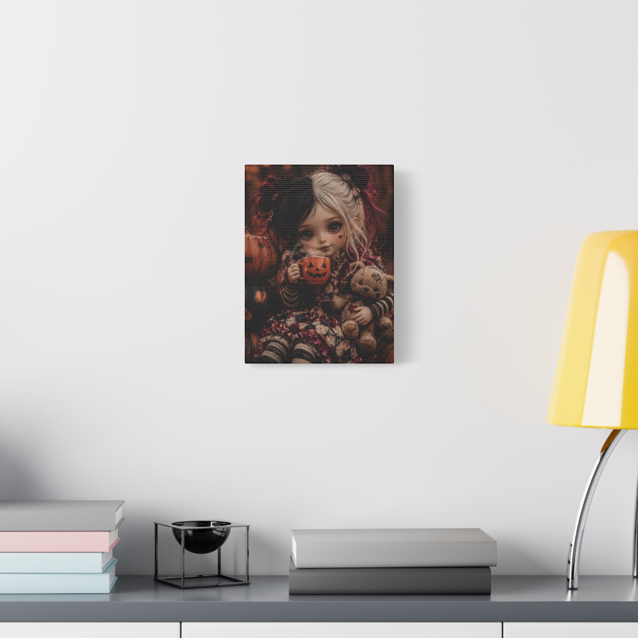 Cute Doll with Pumpkin Mug Halloween Canvas