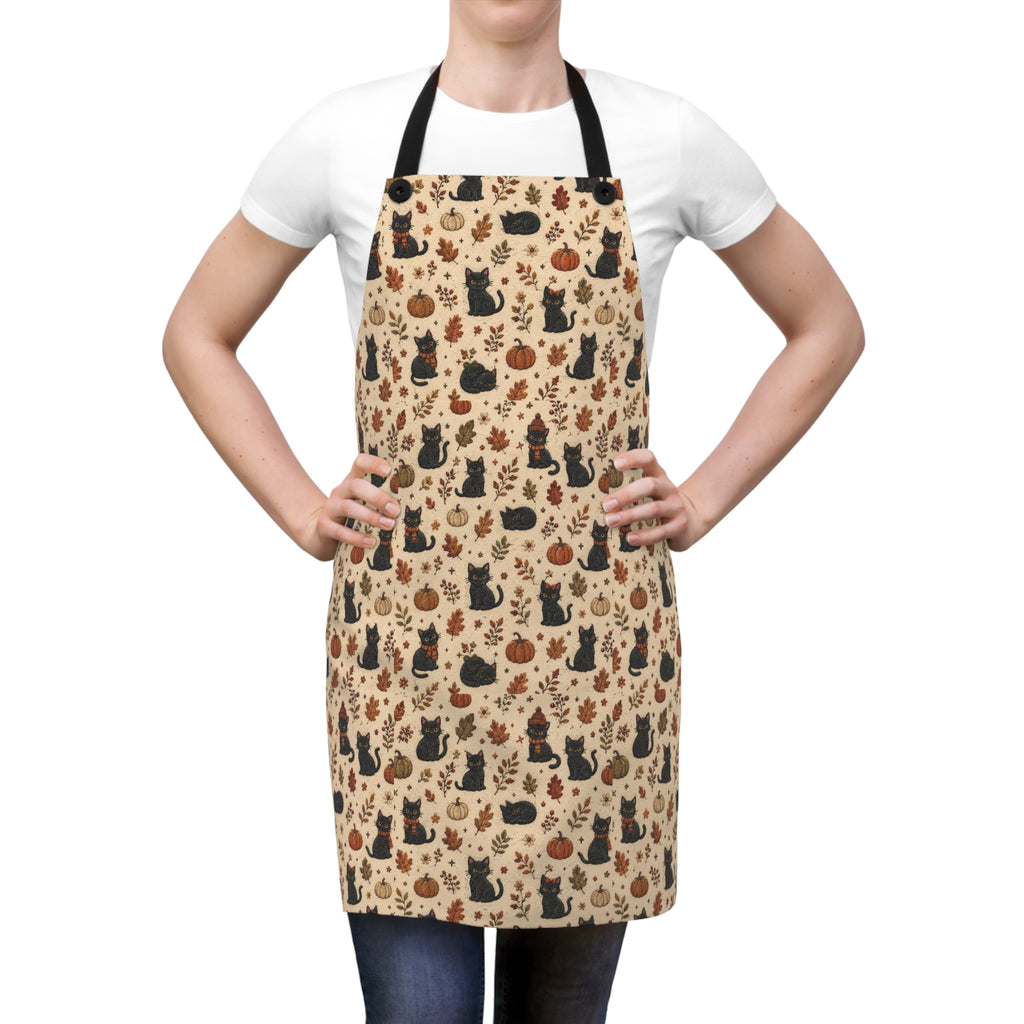 Autumn Cats Kitchen Apron — Cute Black Cat & Pumpkin Pattern