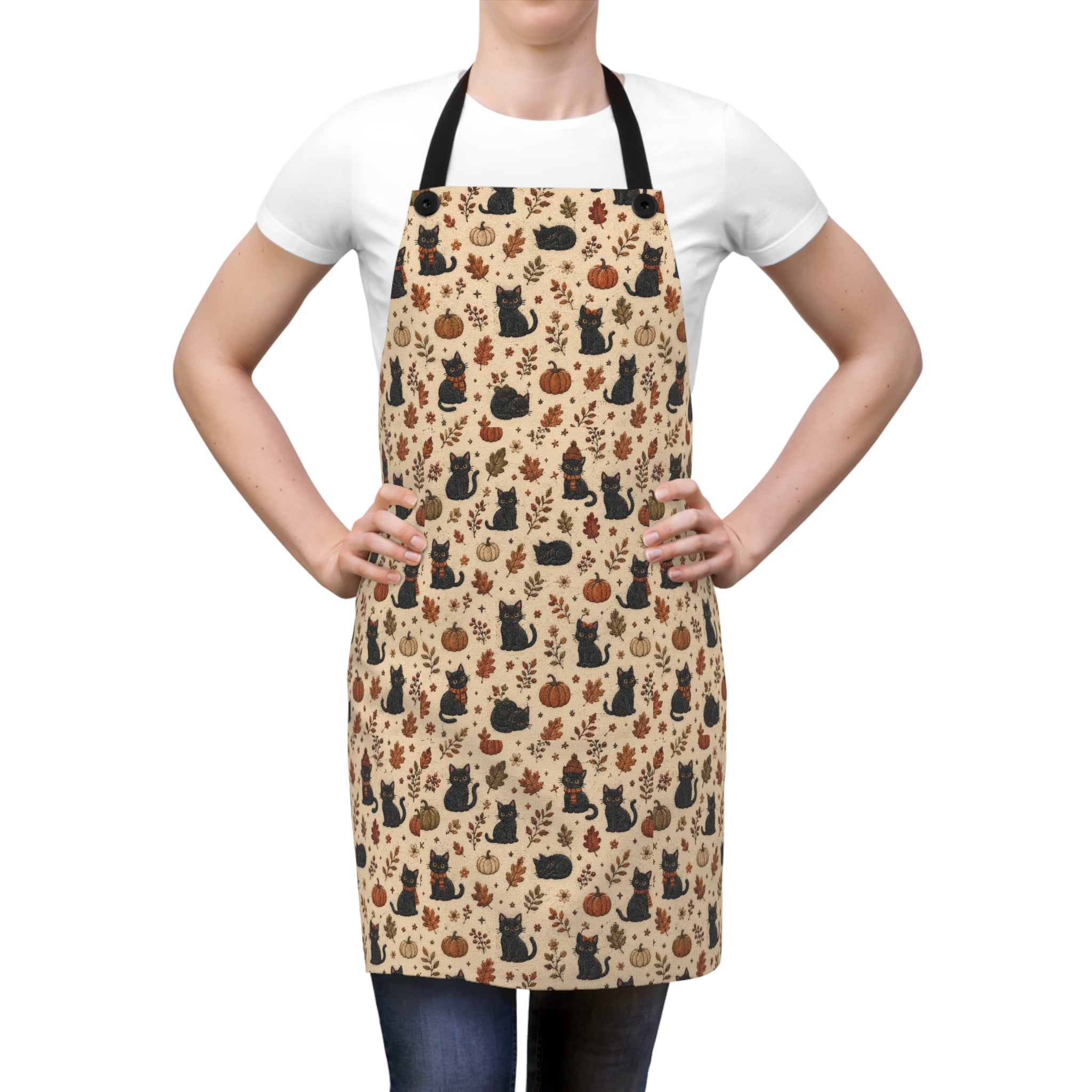 Autumn Cats Kitchen Apron — Cute Black Cat & Pumpkin Pattern