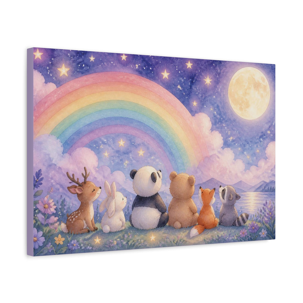 Woodland Friends Under Rainbow Canvas | Nursery Wall Art