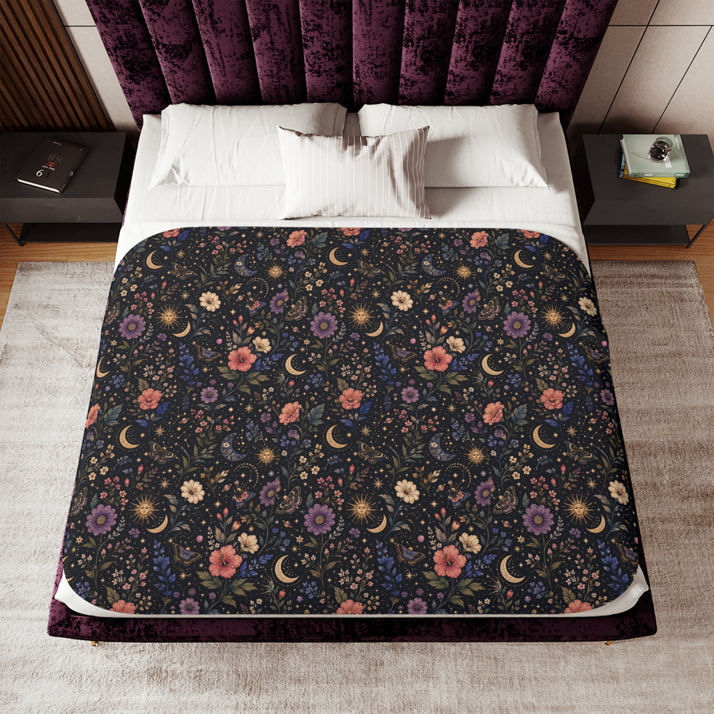 Celestial Floral Pattern Sherpa Blanket | Moon and Flowers | Grey White Tan