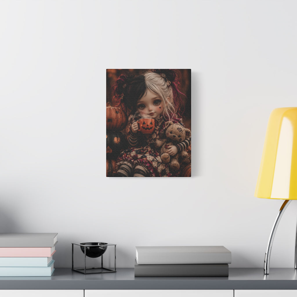 Cute Doll with Pumpkin Mug Halloween Canvas