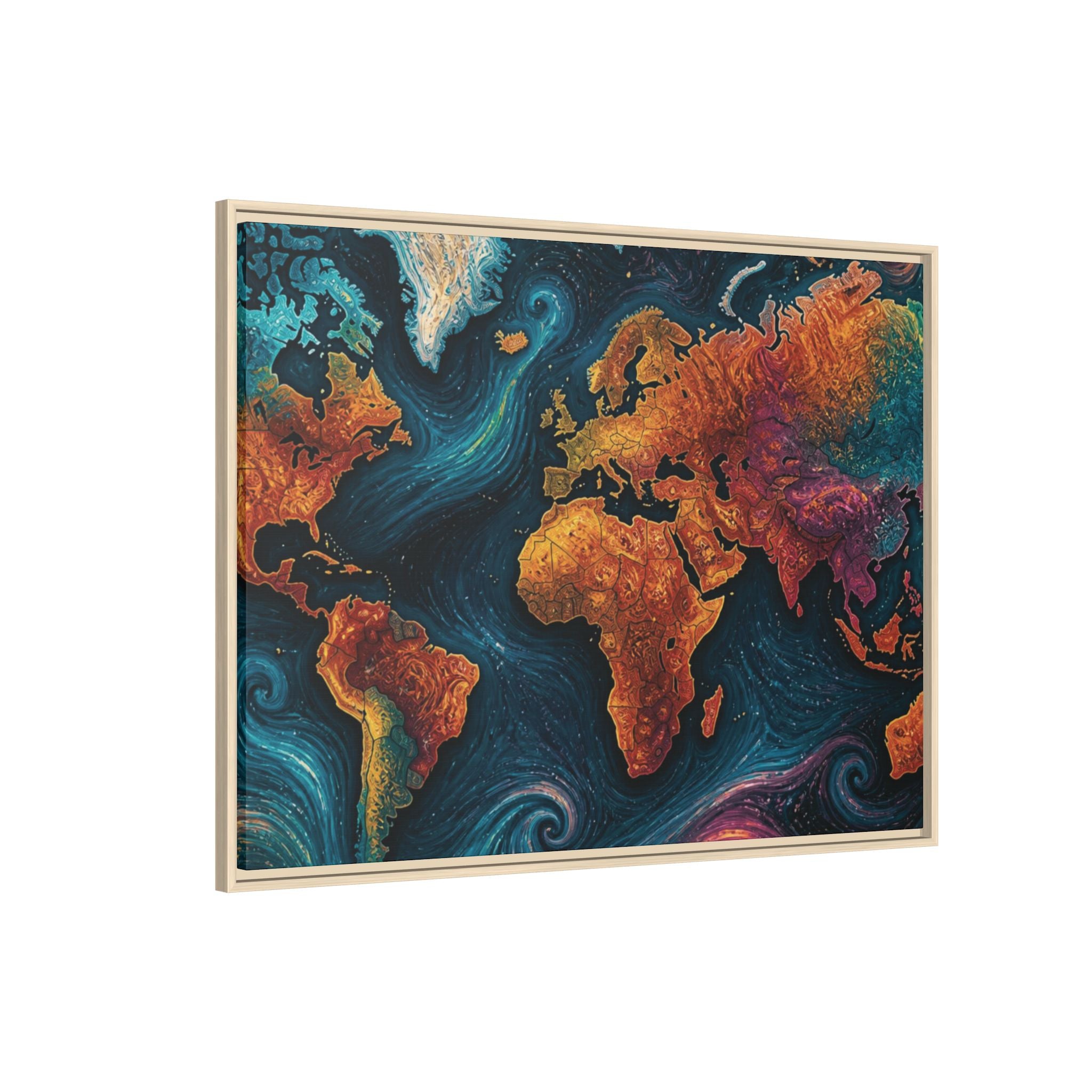 Abstract World Map Matte Canvas Framed | Colorful Earth Map Wall Art