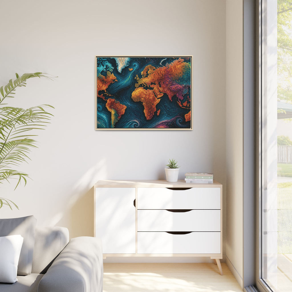 Abstract World Map Matte Canvas Framed | Colorful Earth Map Wall Art