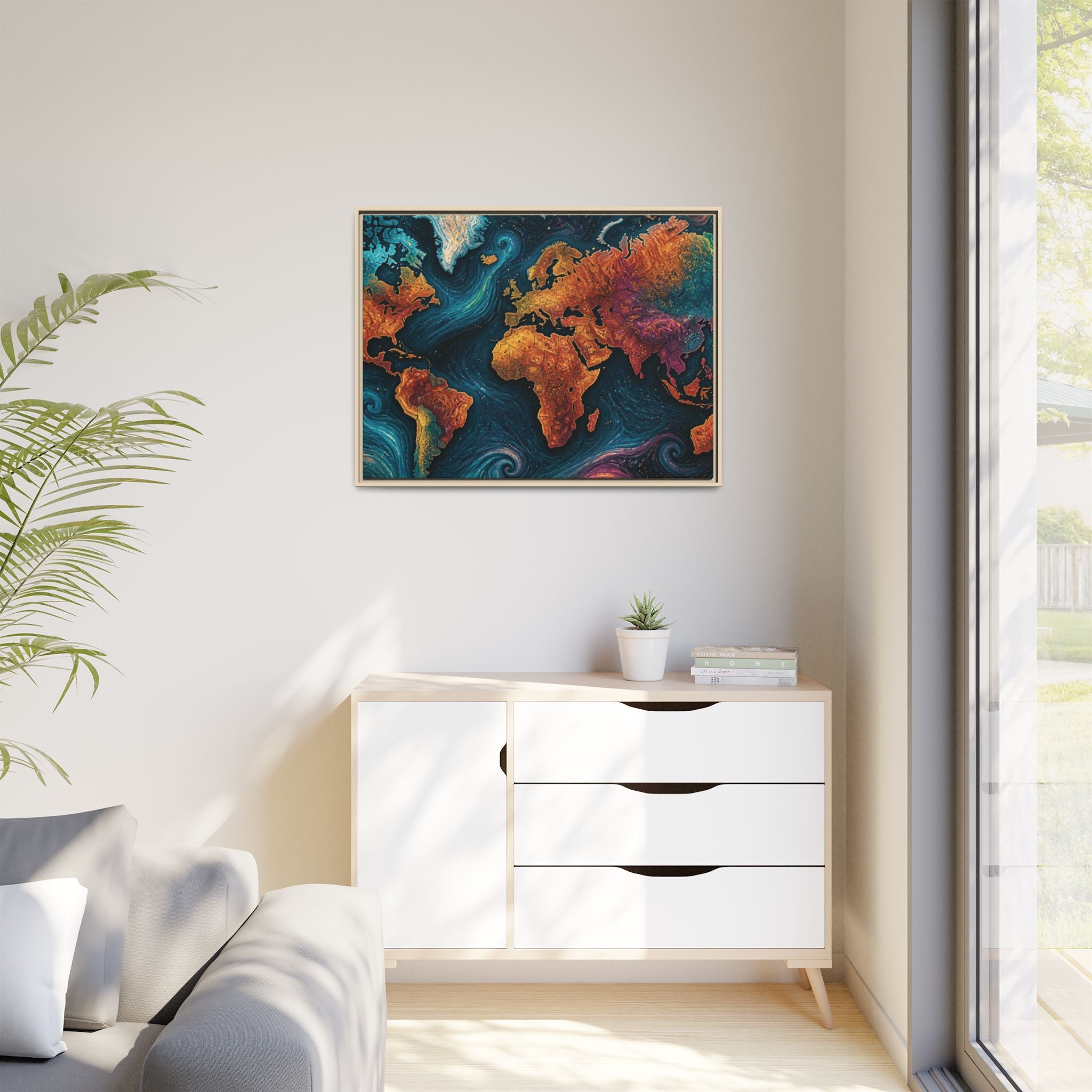 Abstract World Map Matte Canvas Framed | Colorful Earth Map Wall Art