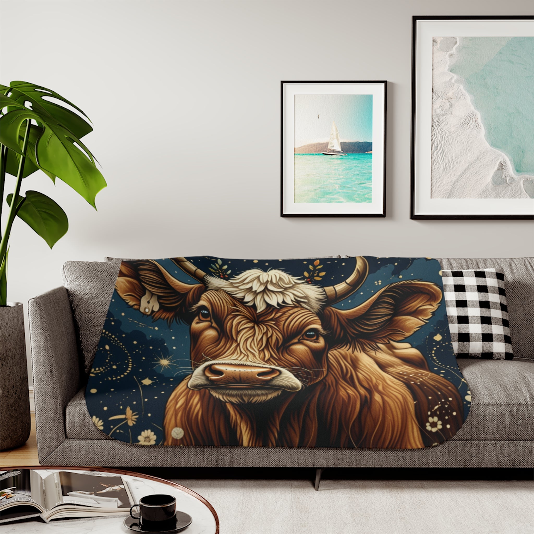 Brown Cow Illustration Sherpa Blanket | Rustic Farmhouse Animal Throw